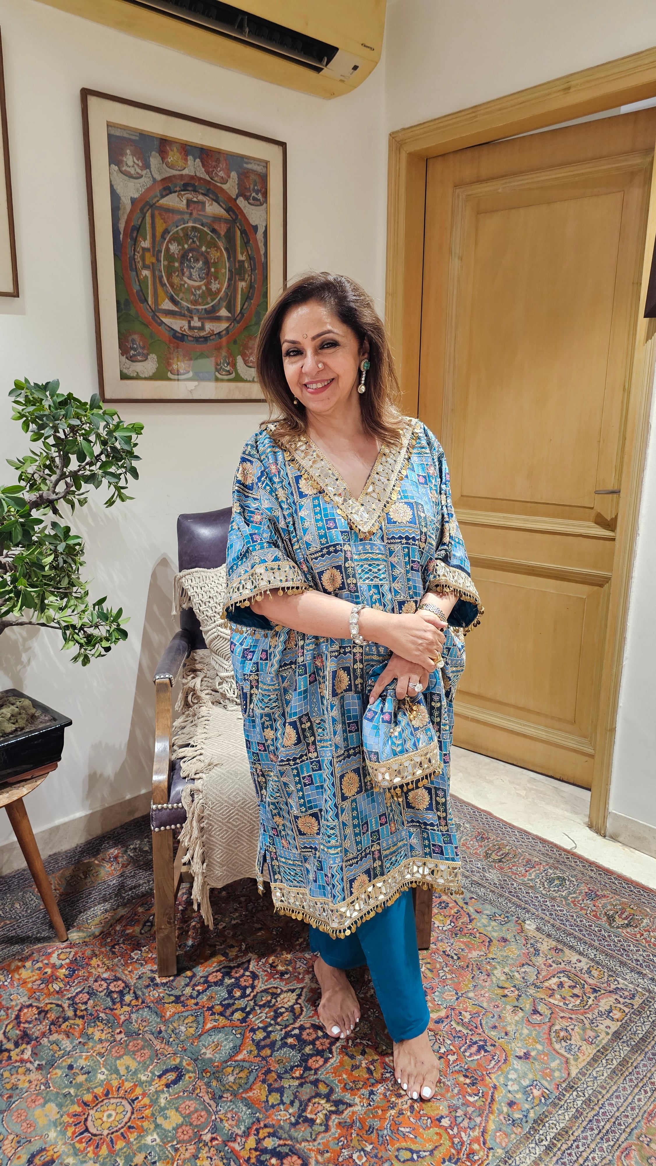 Beautiful Georgette Kaftan Style Outfit With Potali Embellished With Mirror, Zari & Gota Lace Work