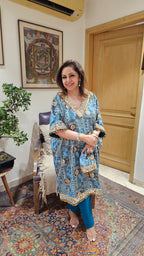 Beautiful Georgette Kaftan Style Outfit With Potali Embellished With Mirror, Zari & Gota Lace Work