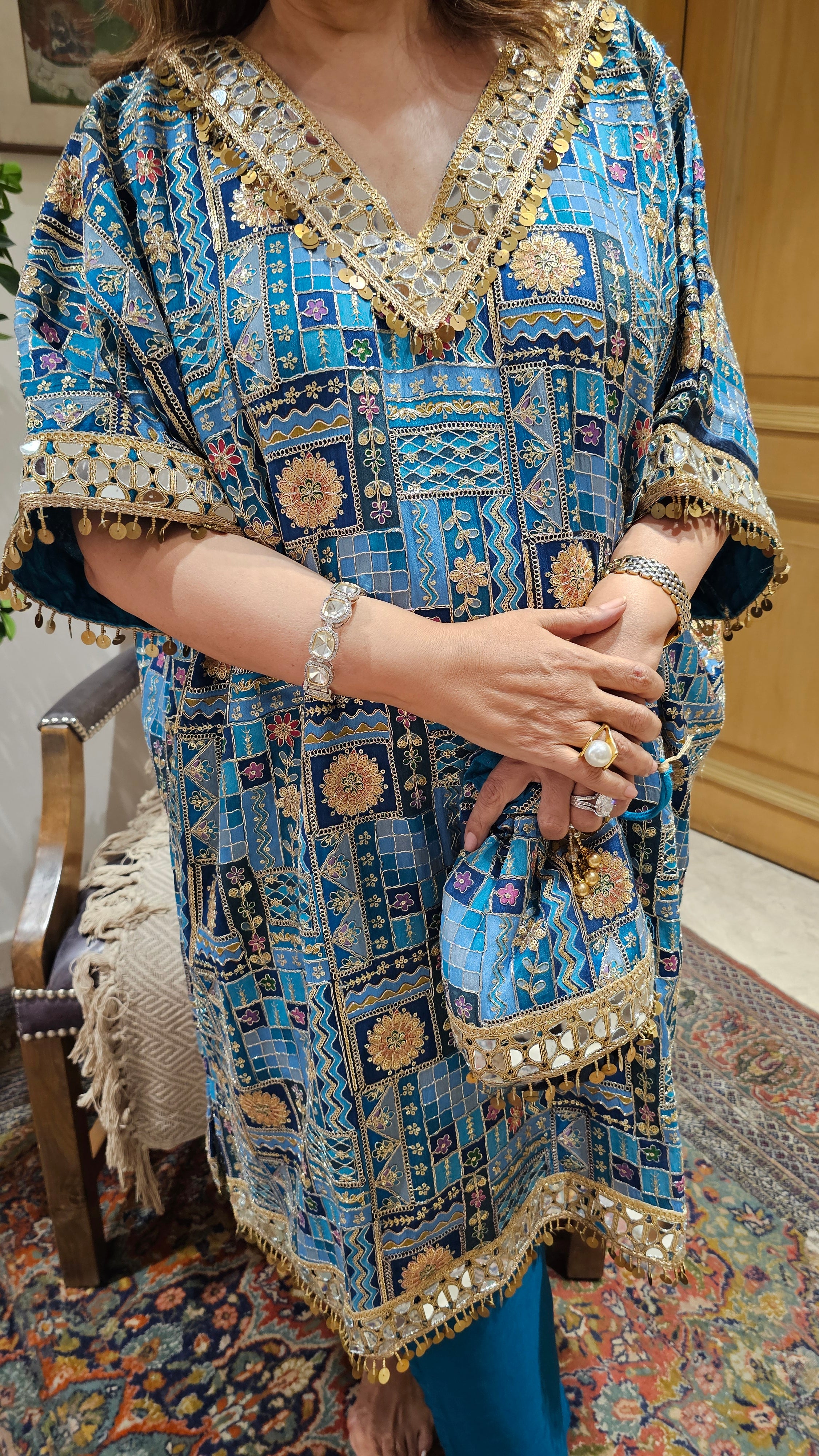 Beautiful Georgette Kaftan Style Outfit With Potali Embellished With Mirror, Zari & Gota Lace Work
