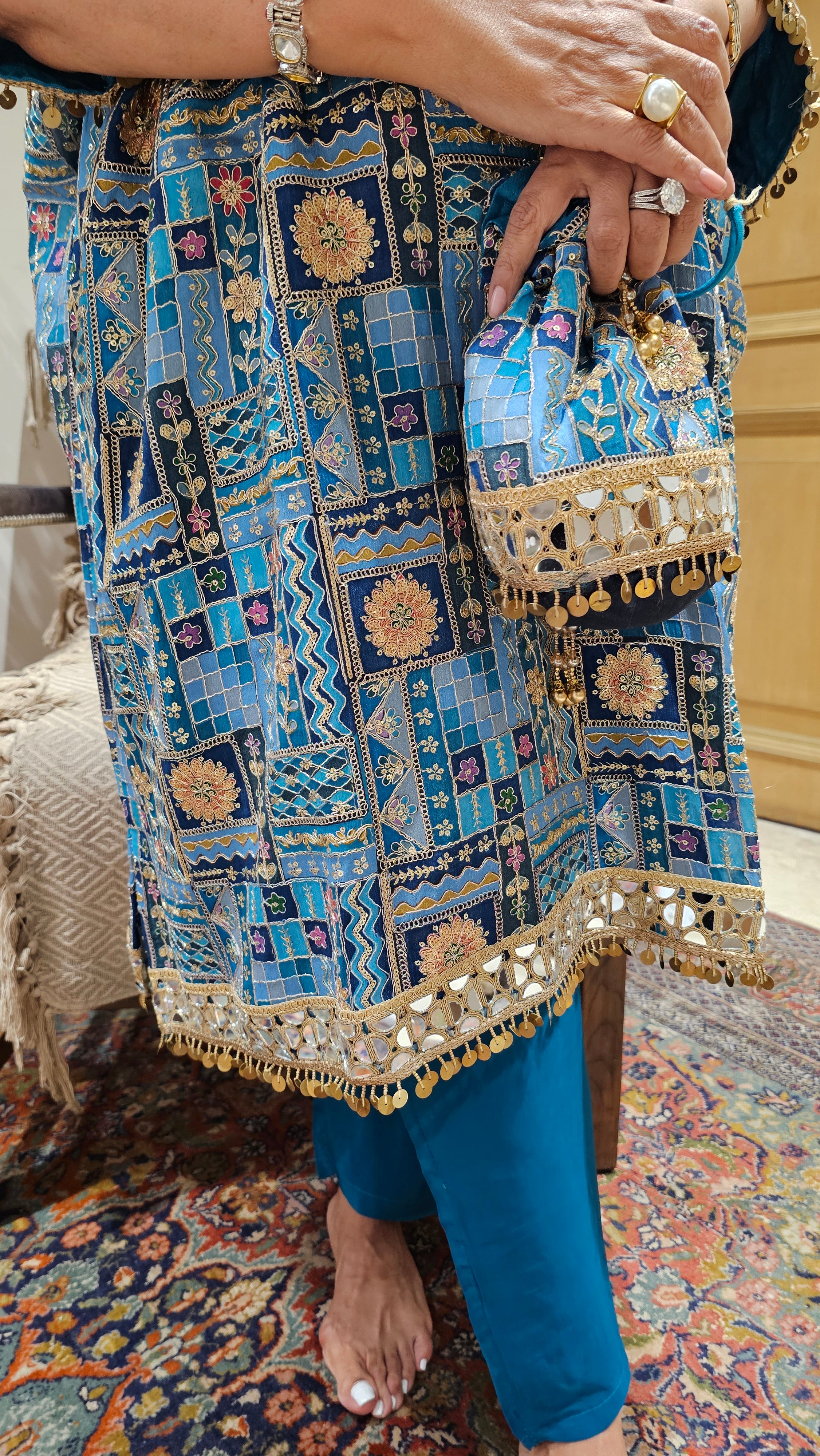 Beautiful Georgette Kaftan Style Outfit With Potali Embellished With Mirror, Zari & Gota Lace Work