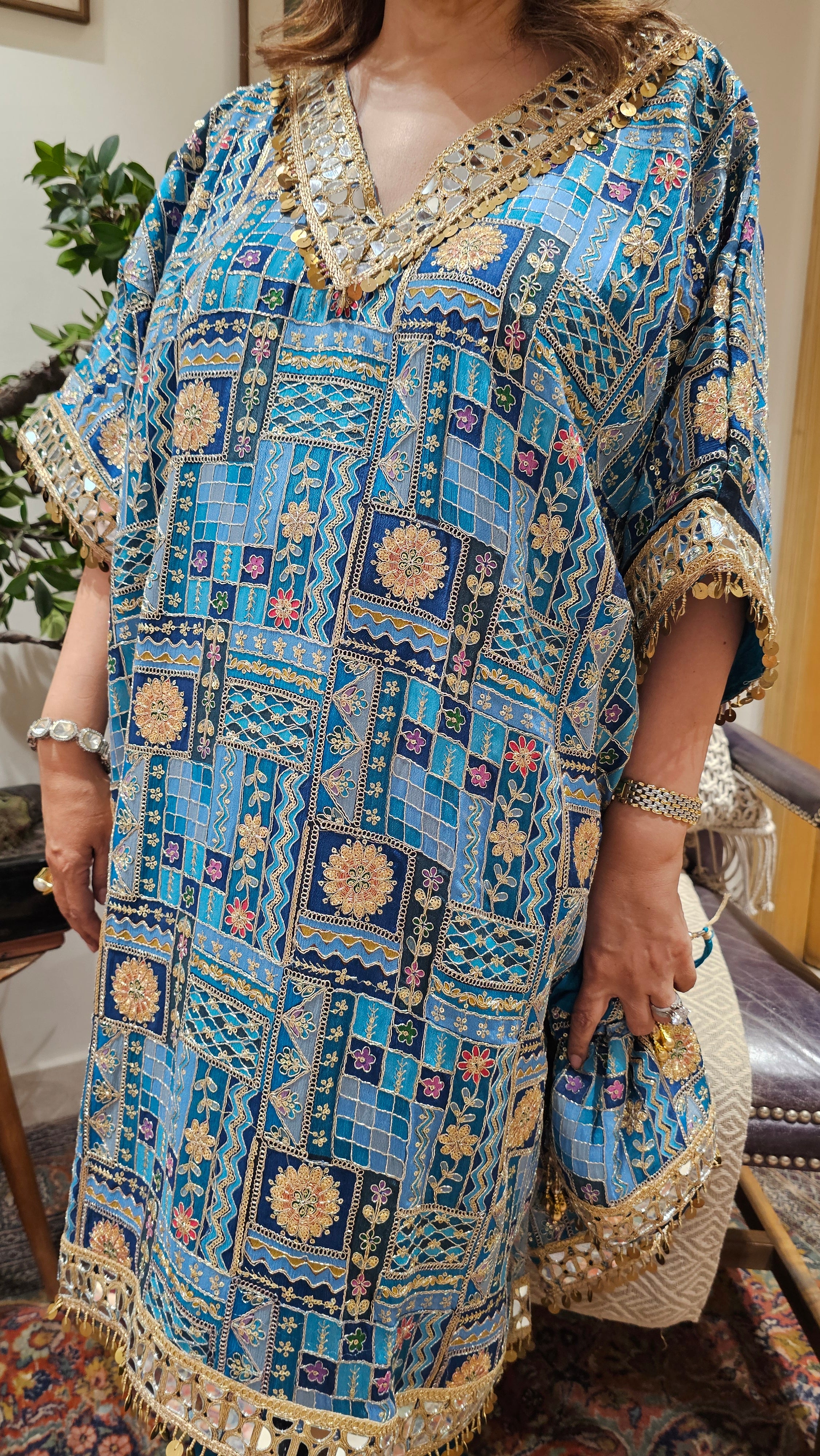 Beautiful Georgette Kaftan Style Outfit With Potali Embellished With Mirror, Zari & Gota Lace Work