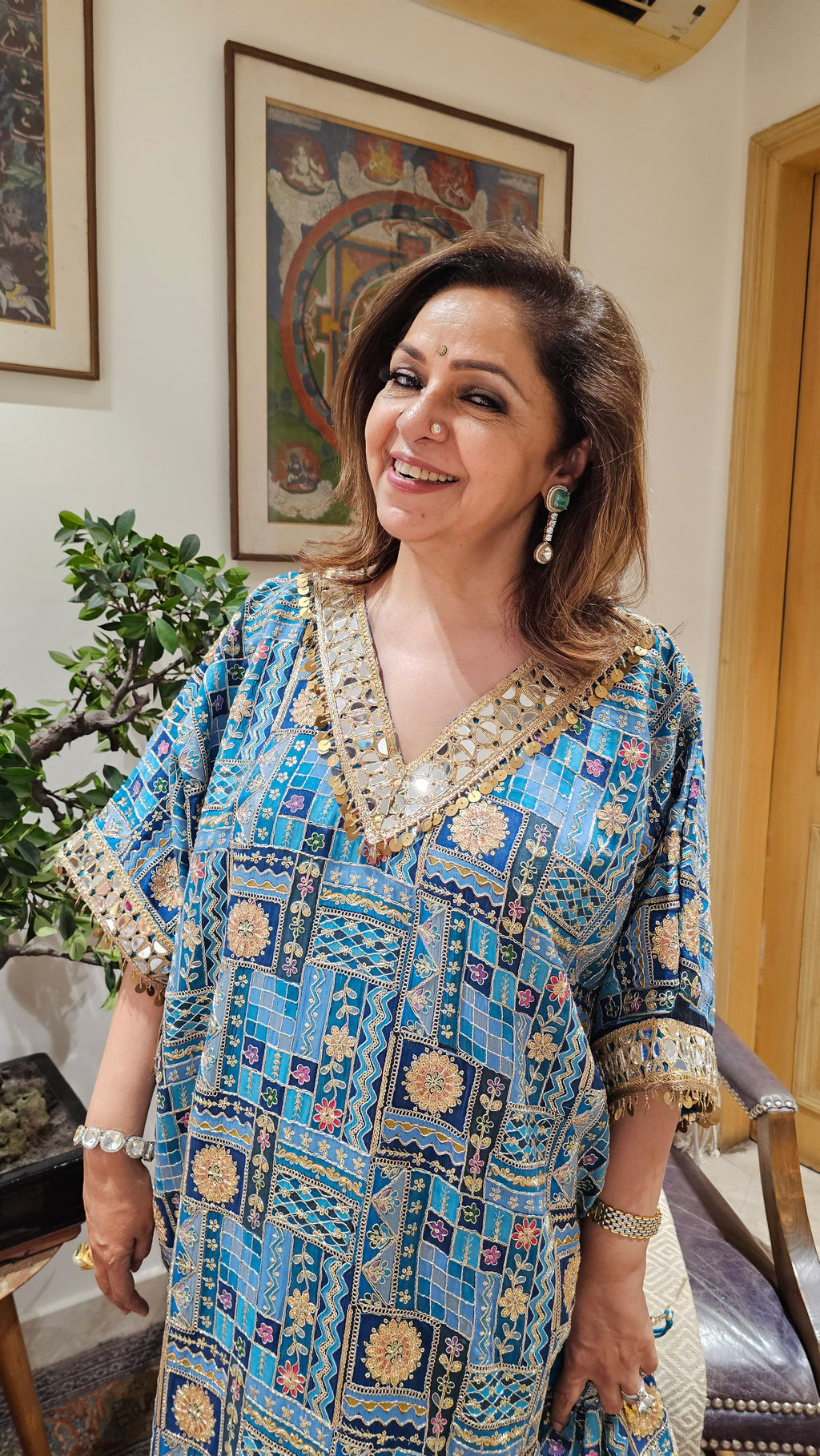 Beautiful Georgette Kaftan Style Outfit With Potali Embellished With Mirror, Zari & Gota Lace Work