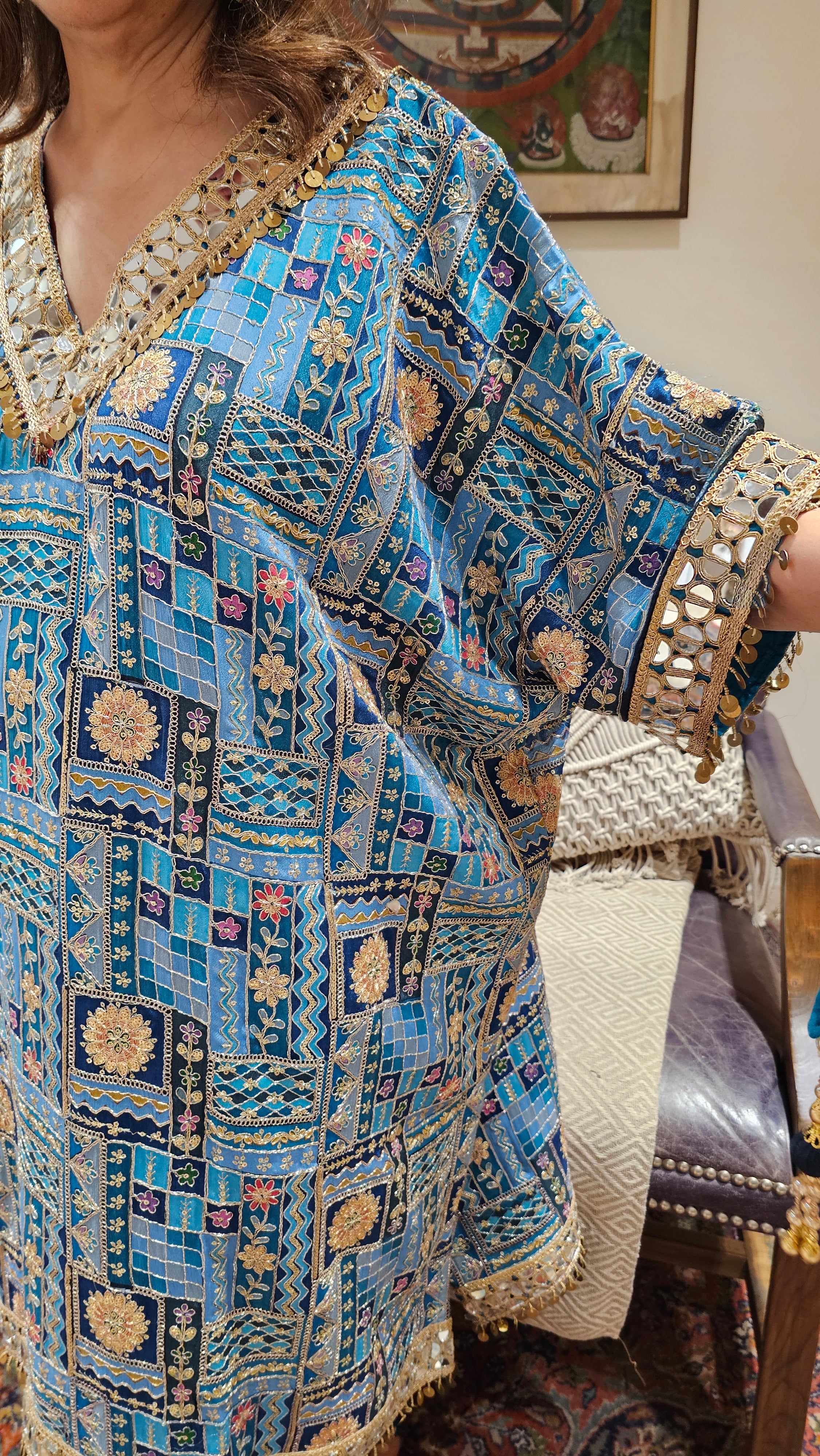 Beautiful Georgette Kaftan Style Outfit With Potali Embellished With Mirror, Zari & Gota Lace Work