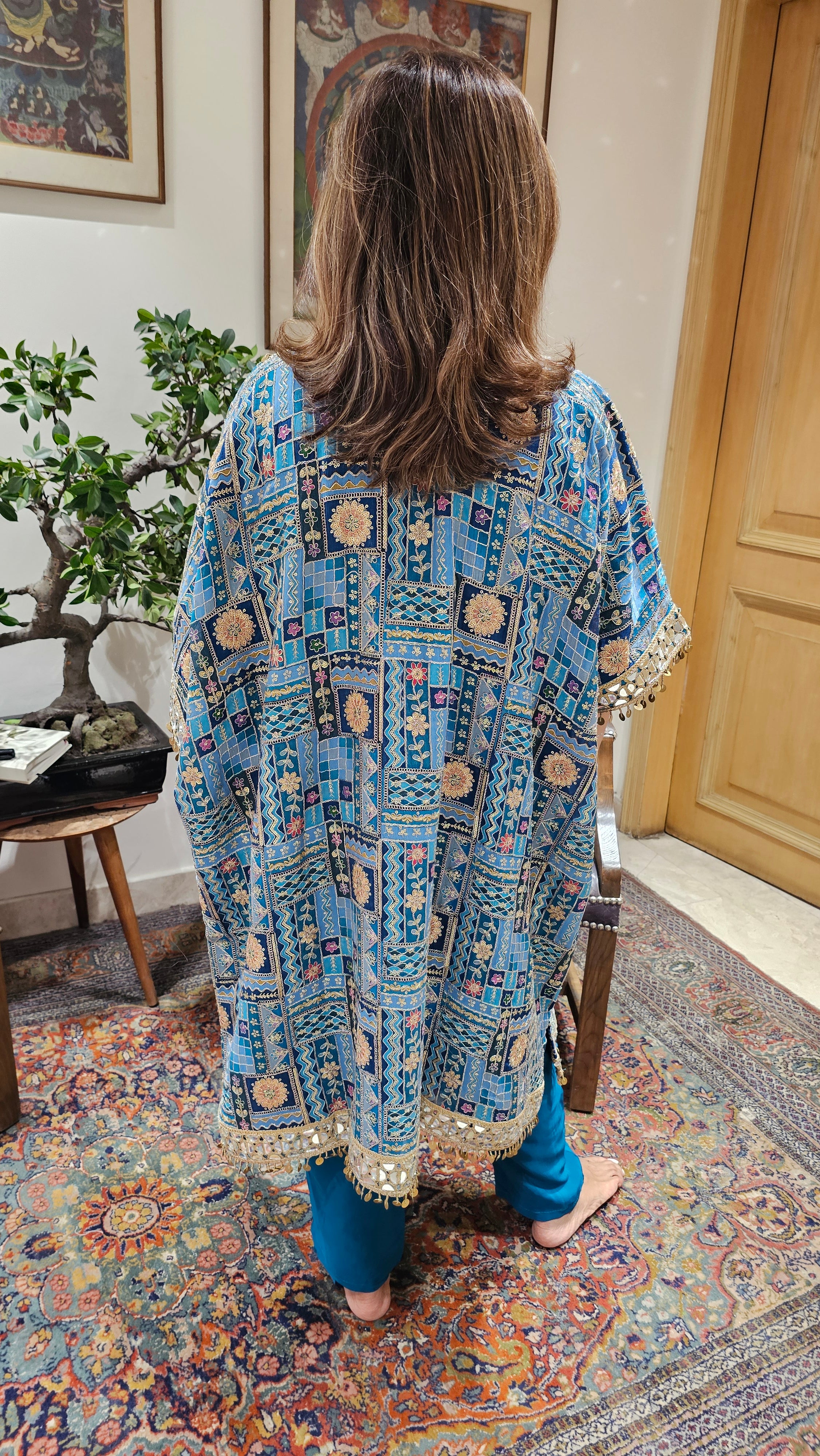 Beautiful Georgette Kaftan Style Outfit With Potali Embellished With Mirror, Zari & Gota Lace Work