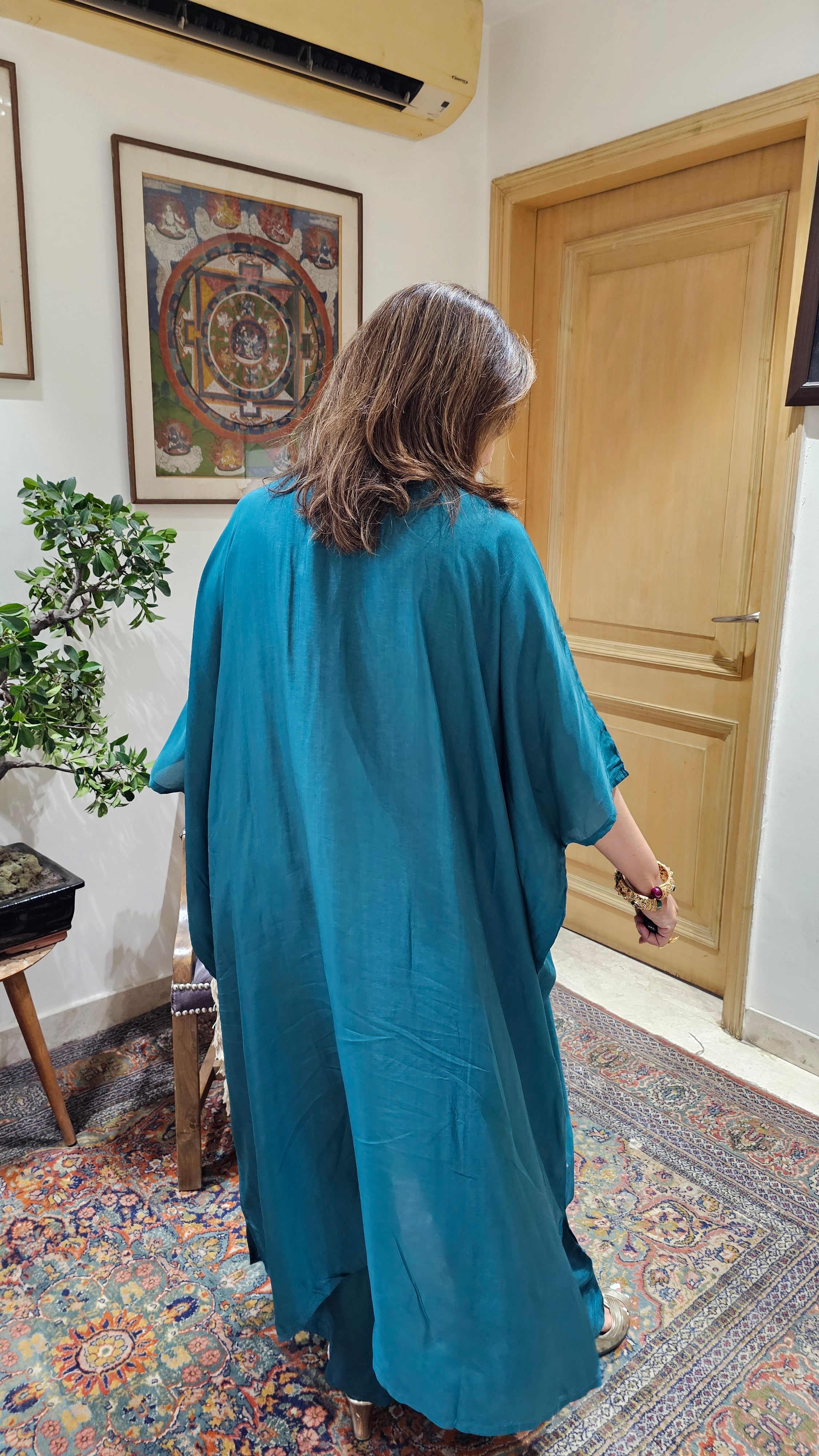 Beautiful Raw Silk Kaftan & Plazzoo Embellished With Thread & Sippi Work