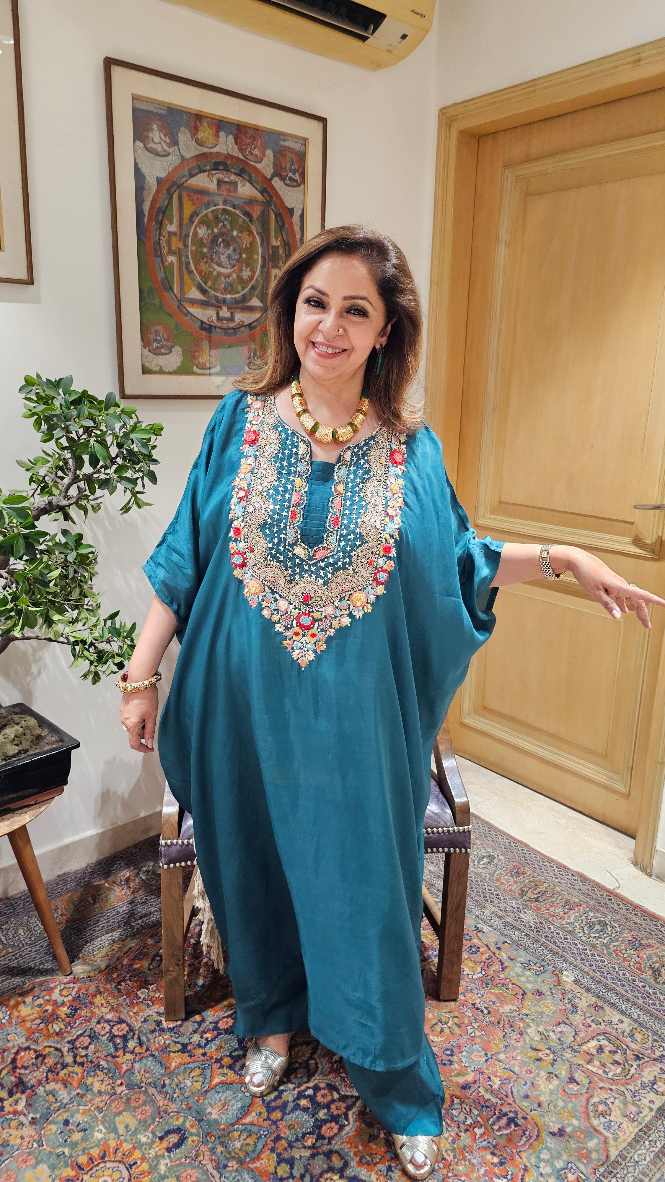 Beautiful Raw Silk Kaftan & Plazzoo Embellished With Thread & Sippi Work