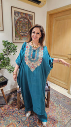 Beautiful Raw Silk Kaftan & Plazzoo Embellished With Thread & Sippi Work