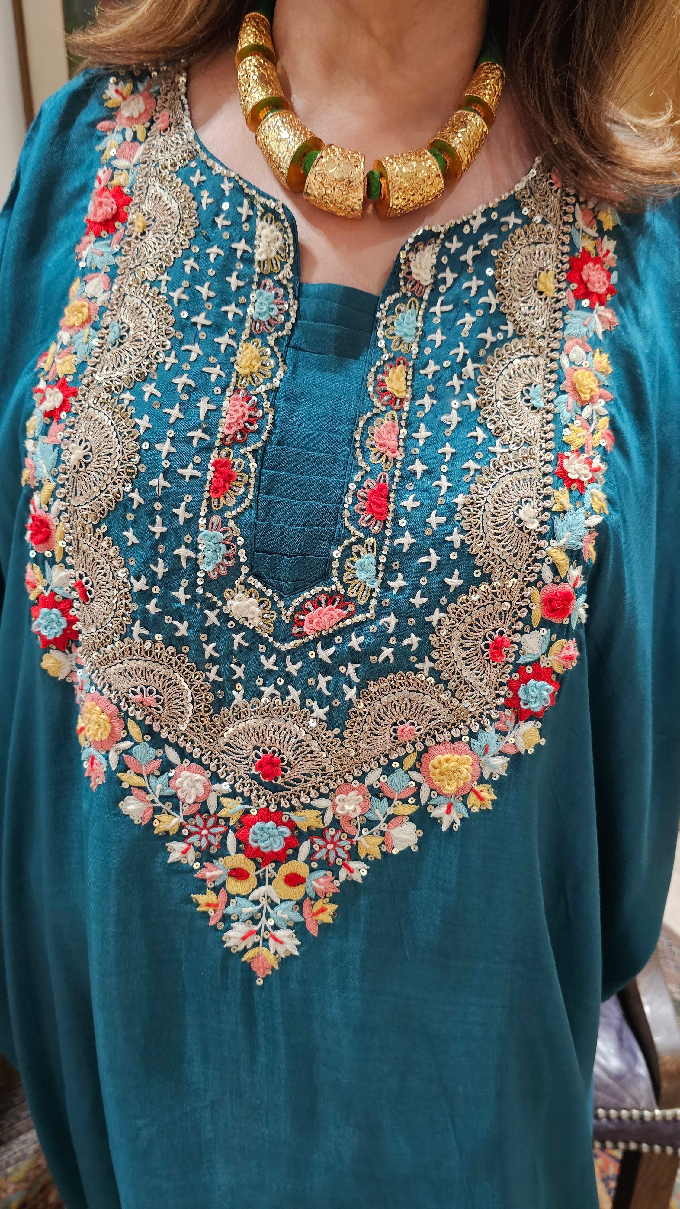 Beautiful Raw Silk Kaftan & Plazzoo Embellished With Thread & Sippi Work