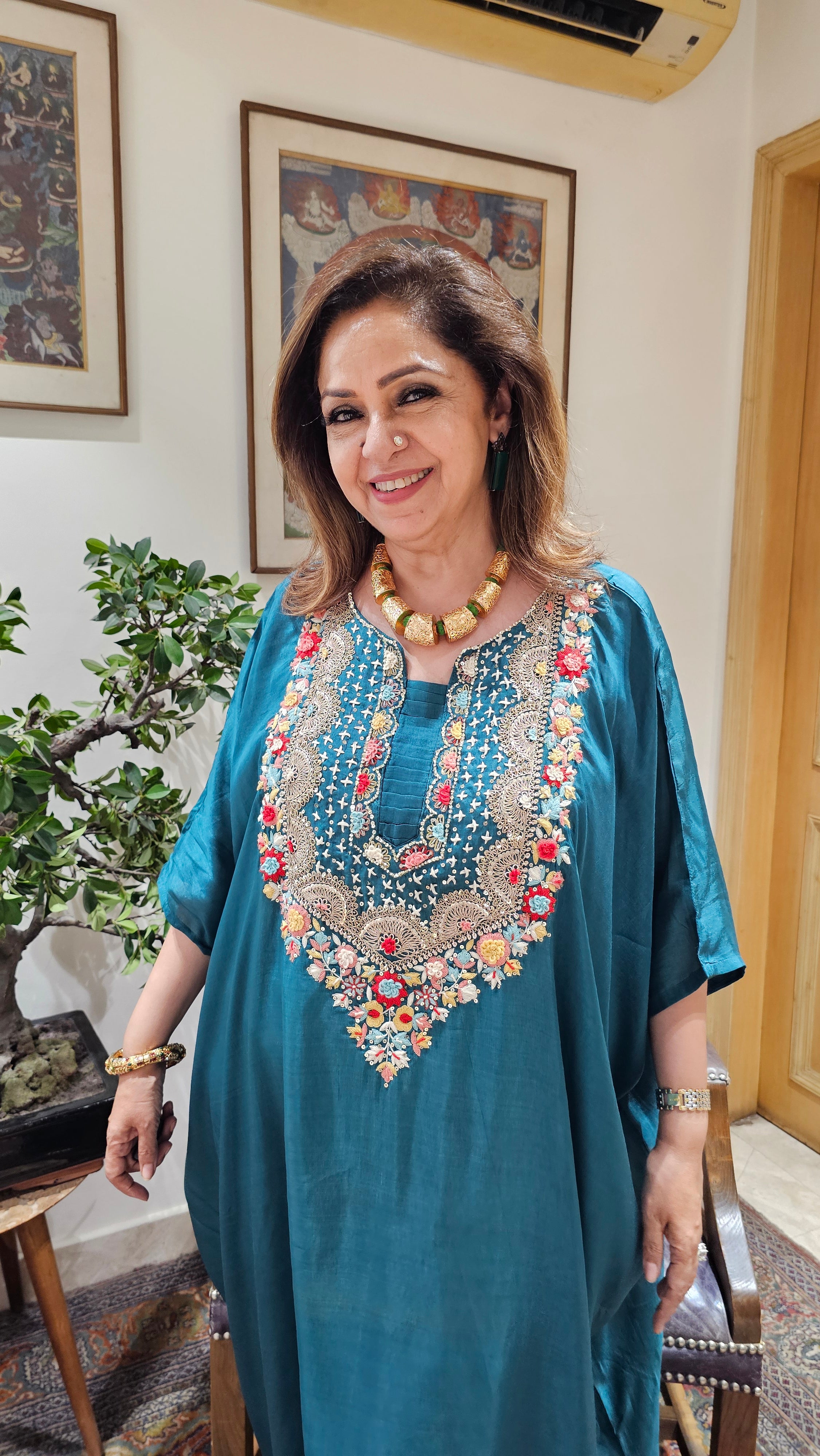 Beautiful Raw Silk Kaftan & Plazzoo Embellished With Thread & Sippi Work