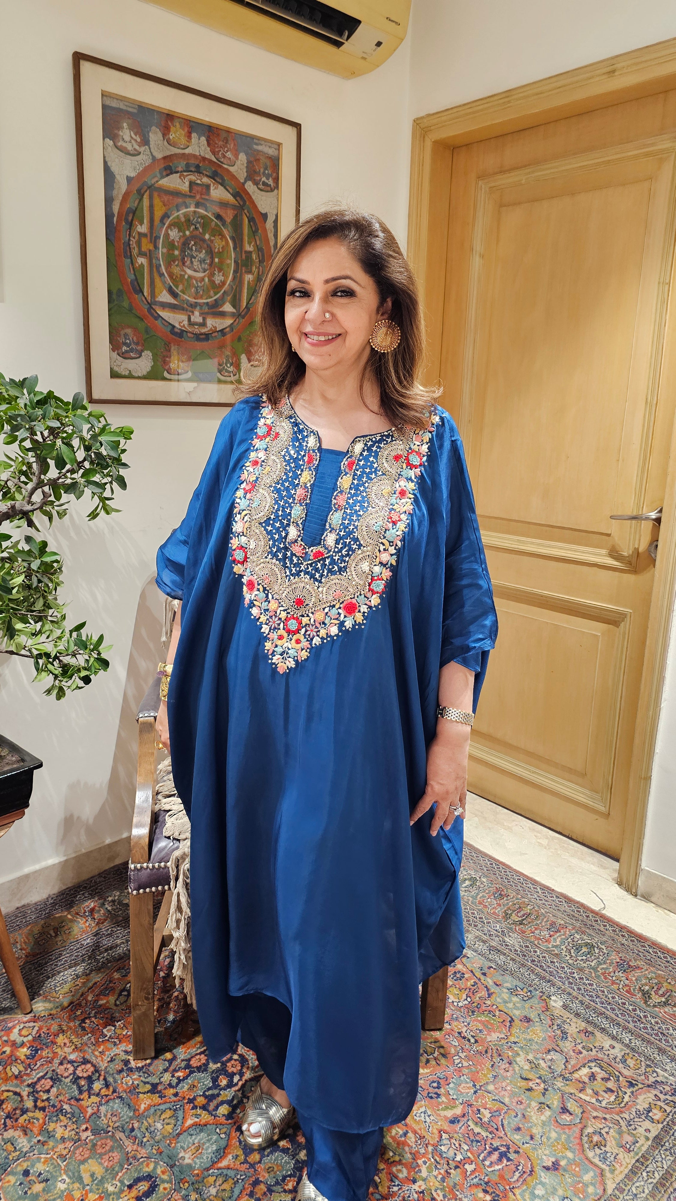Beautiful Raw Silk Kaftan & Plazzoo Embellished With Thread & Sippi Work
