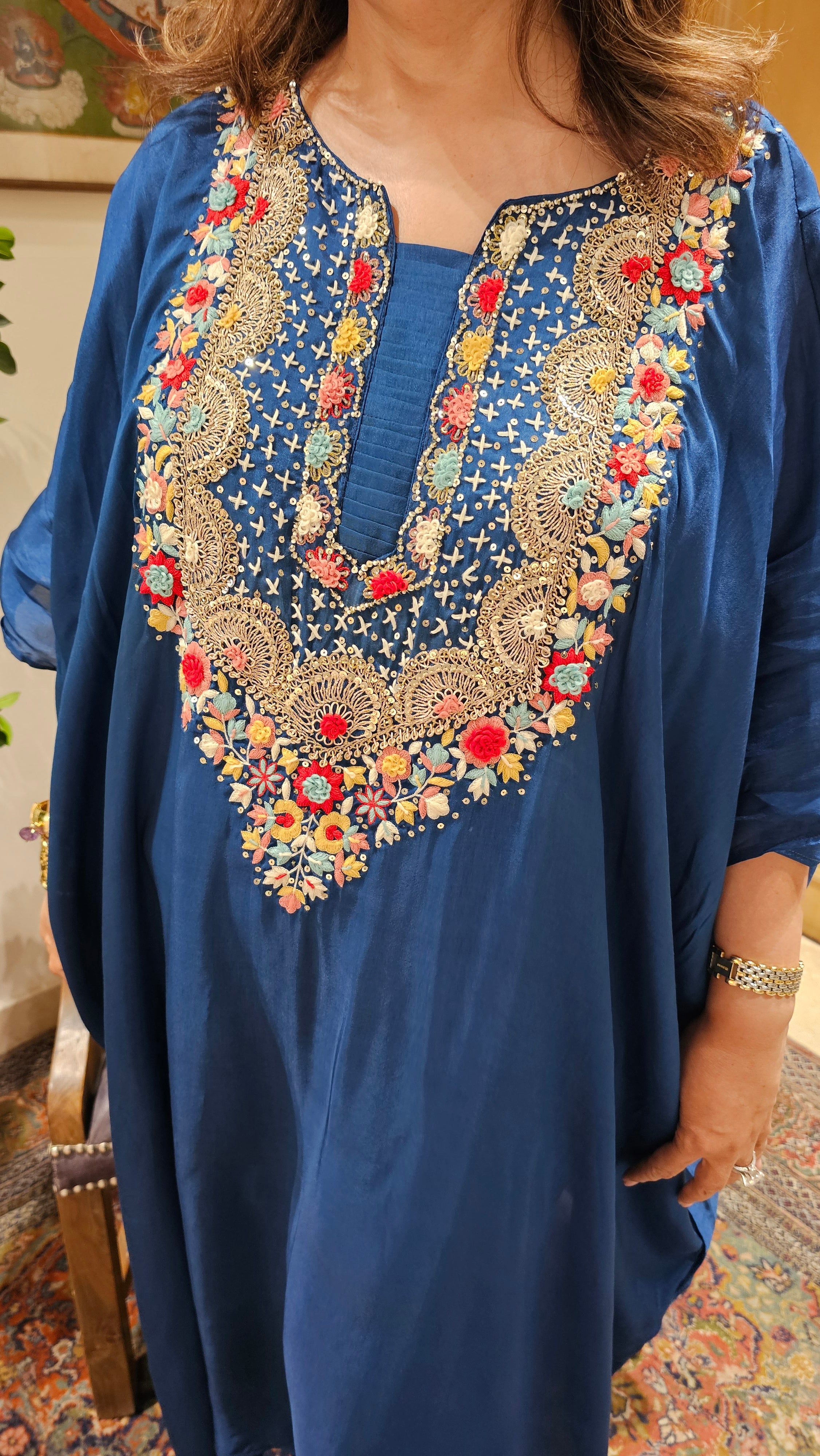 Beautiful Raw Silk Kaftan & Plazzoo Embellished With Thread & Sippi Work