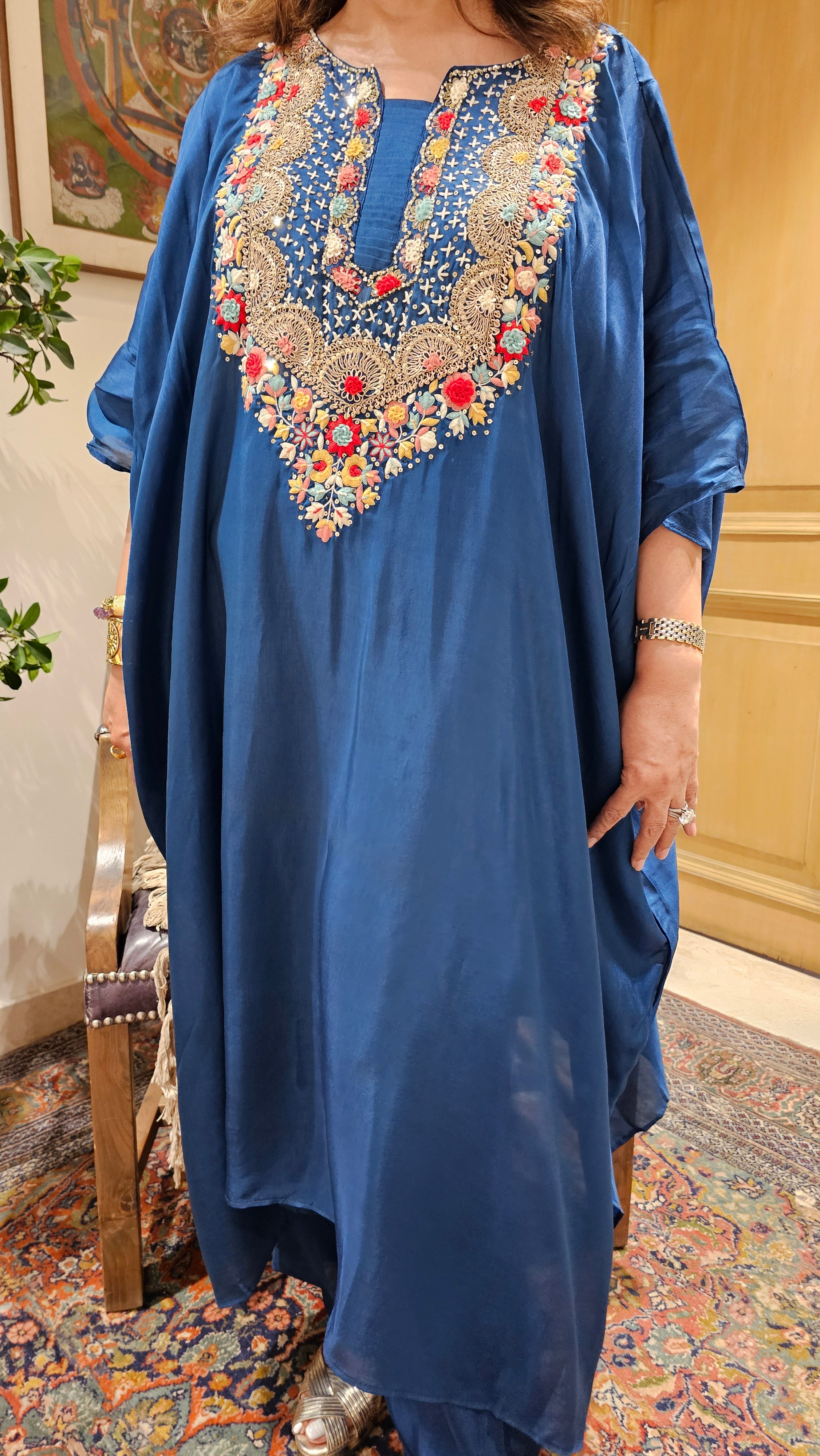 Beautiful Raw Silk Kaftan & Plazzoo Embellished With Thread & Sippi Work