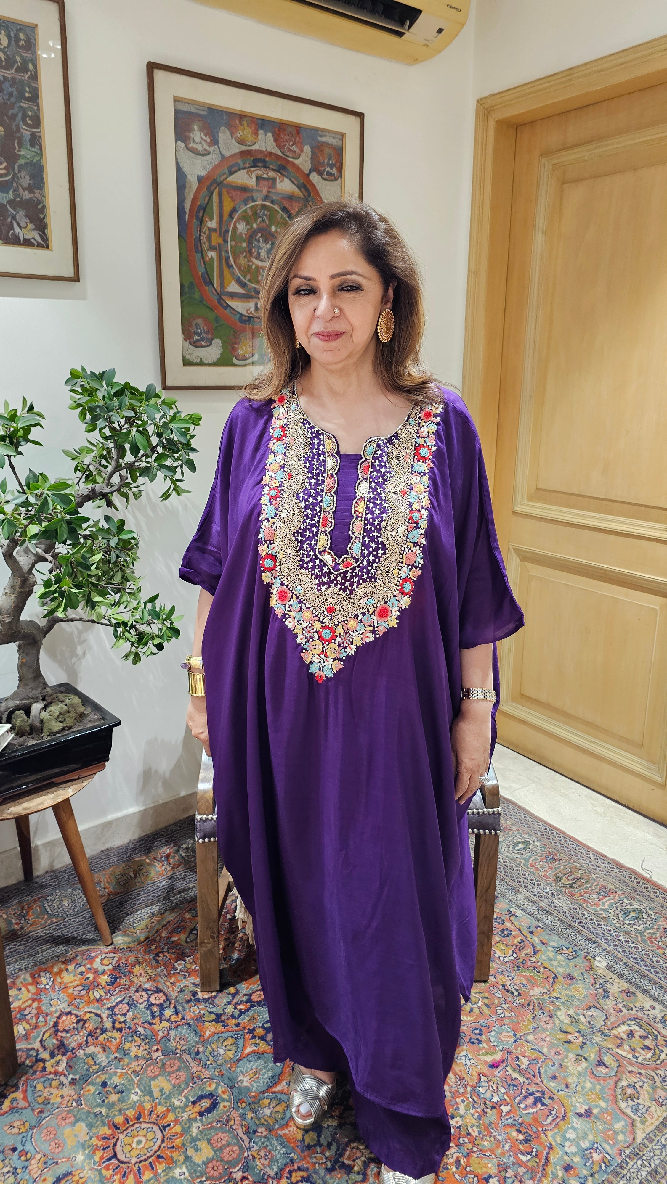 Beautiful Raw Silk Kaftan & Plazzoo Embellished With Thread & Sippi Work