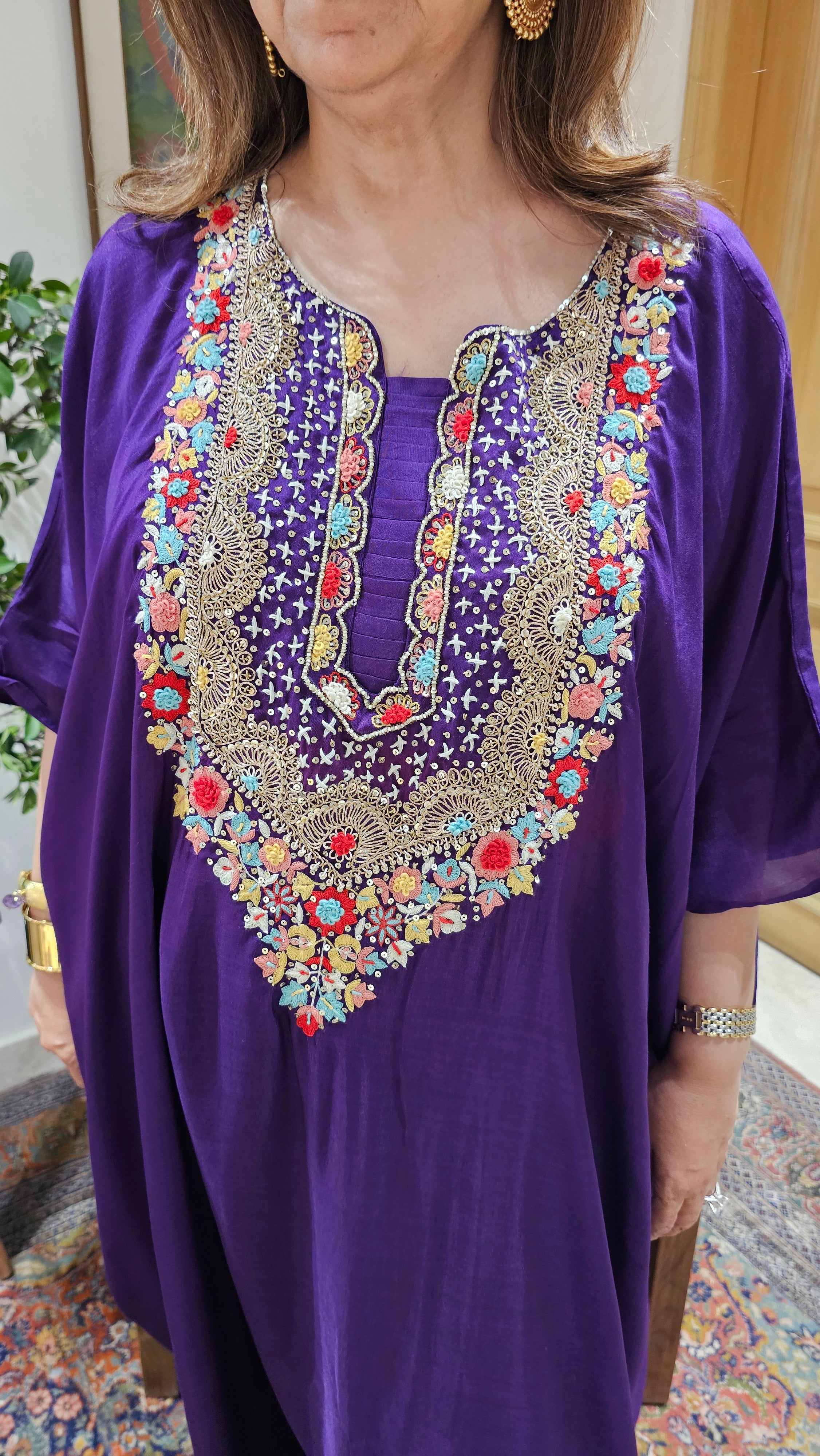 Beautiful Raw Silk Kaftan & Plazzoo Embellished With Thread & Sippi Work