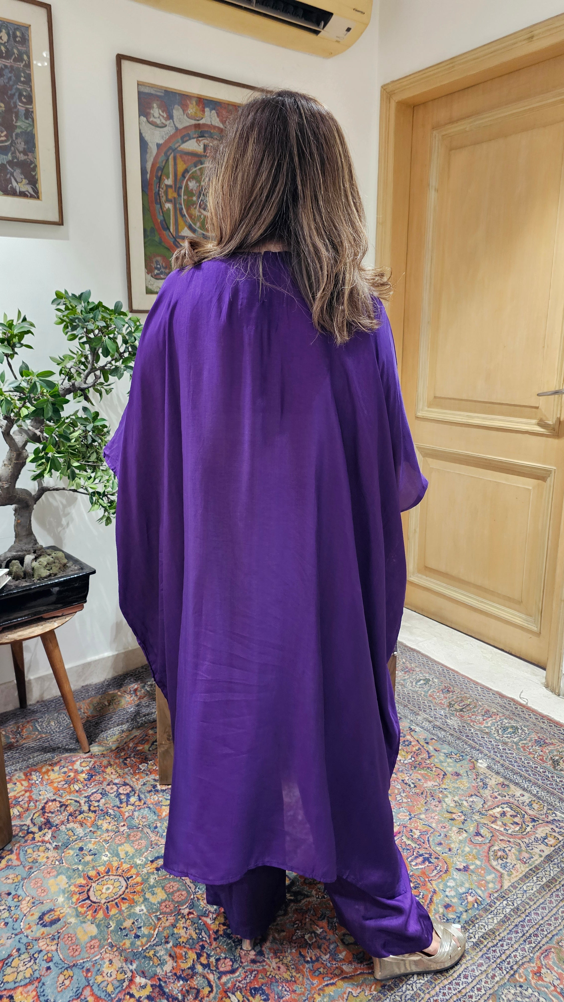 Beautiful Raw Silk Kaftan & Plazzoo Embellished With Thread & Sippi Work