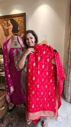 Beautiful Organza Unstitched Suit With Banarasi Weaving & Gota Patti Hand Work