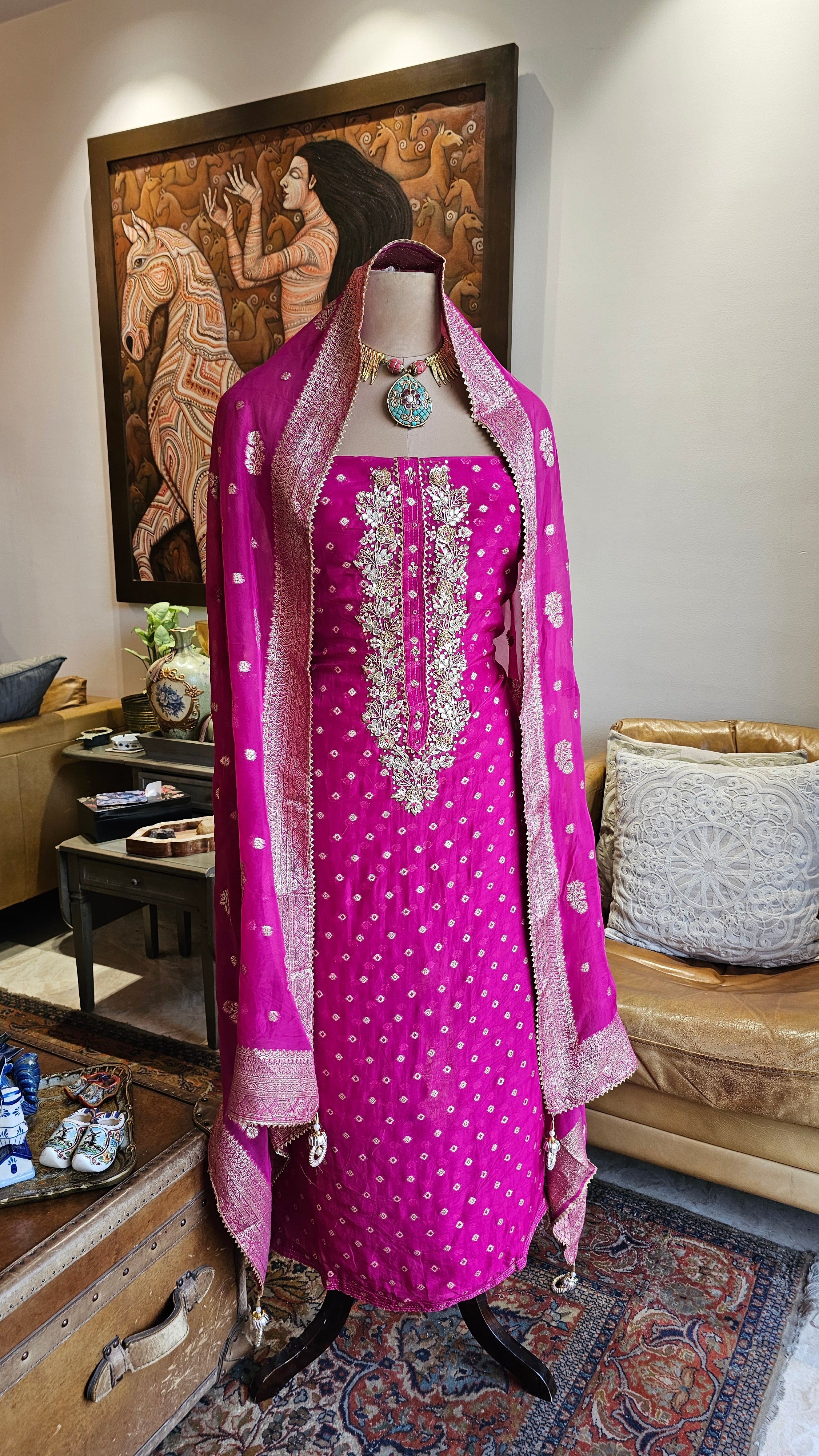 Beautiful Organza Unstitched Suit With Banarasi Weaving & Gota Patti Hand Work