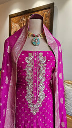 Beautiful Organza Unstitched Suit With Banarasi Weaving & Gota Patti Hand Work