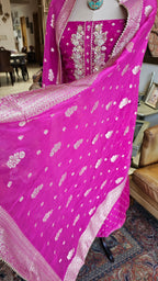 Beautiful Organza Unstitched Suit With Banarasi Weaving & Gota Patti Hand Work