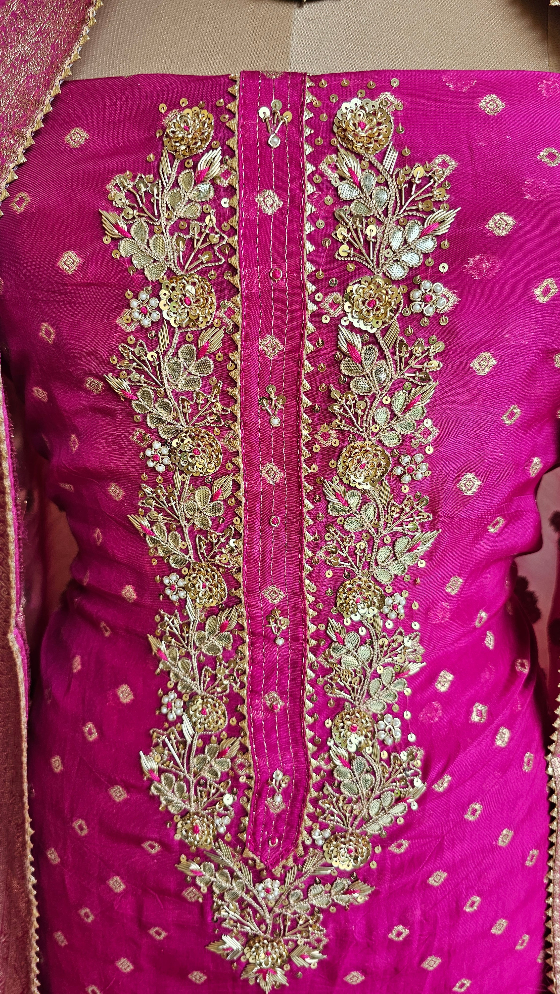 Beautiful Organza Unstitched Suit With Banarasi Weaving & Gota Patti Hand Work