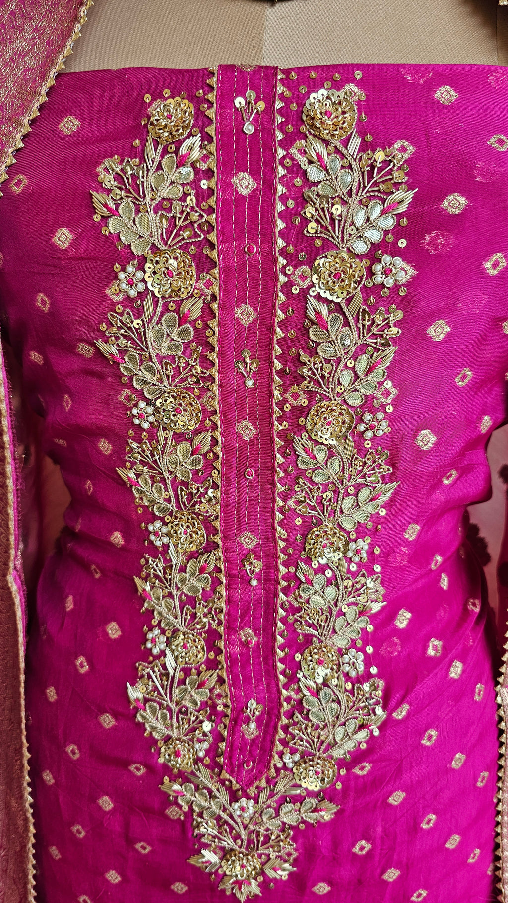 Beautiful Organza Unstitched Suit With Banarasi Weaving & Gota Patti Hand Work