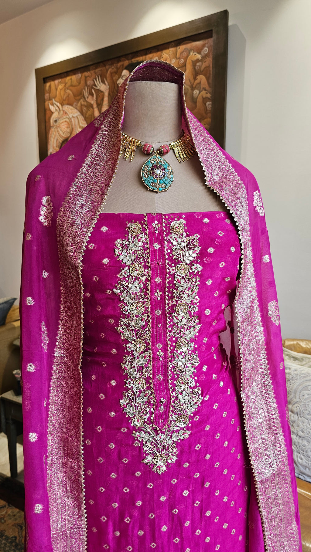 Beautiful Organza Unstitched Suit With Banarasi Weaving & Gota Patti Hand Work
