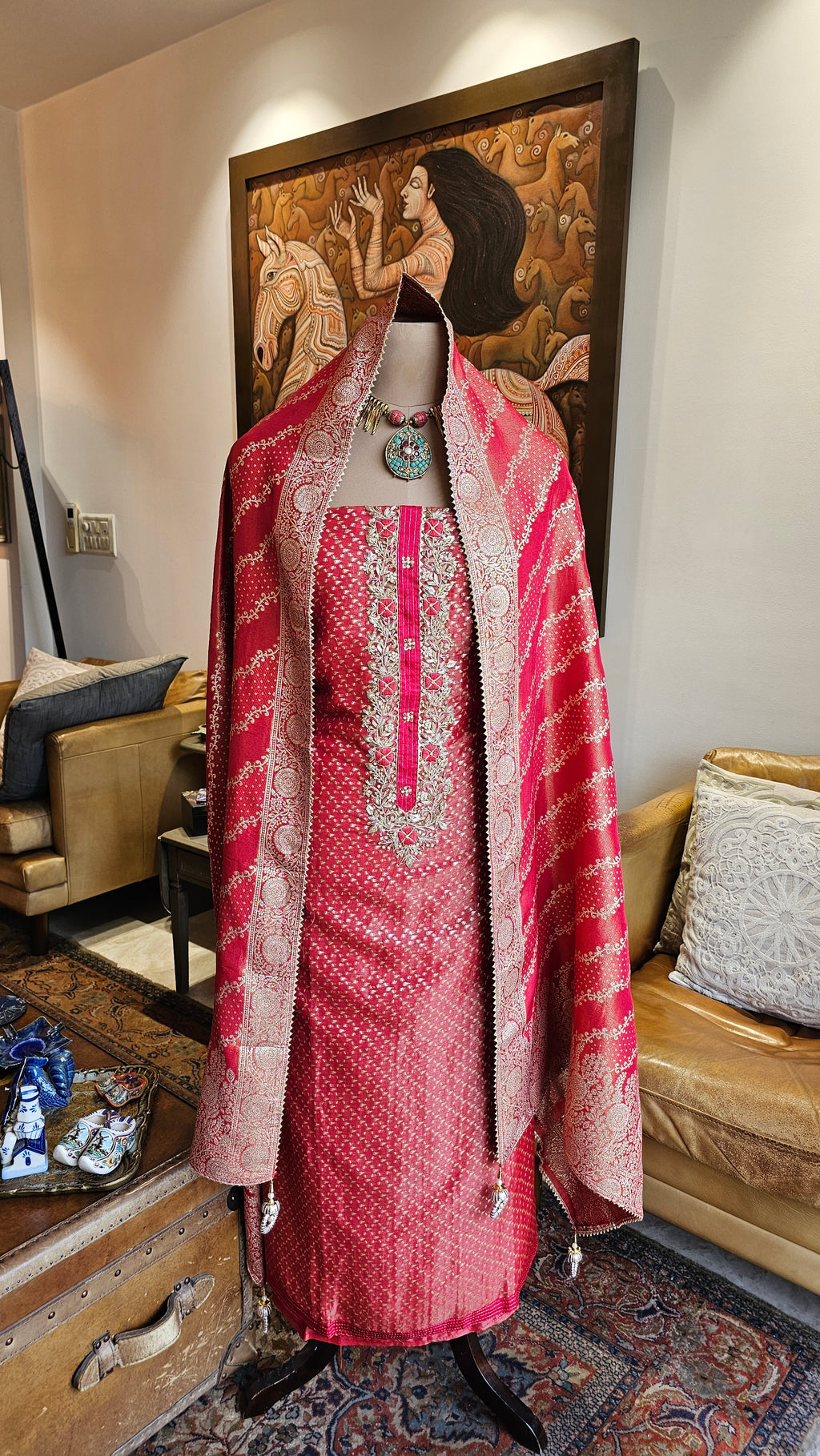 Beautiful Tissue Shimmer Unstitched Suit with Hand Work