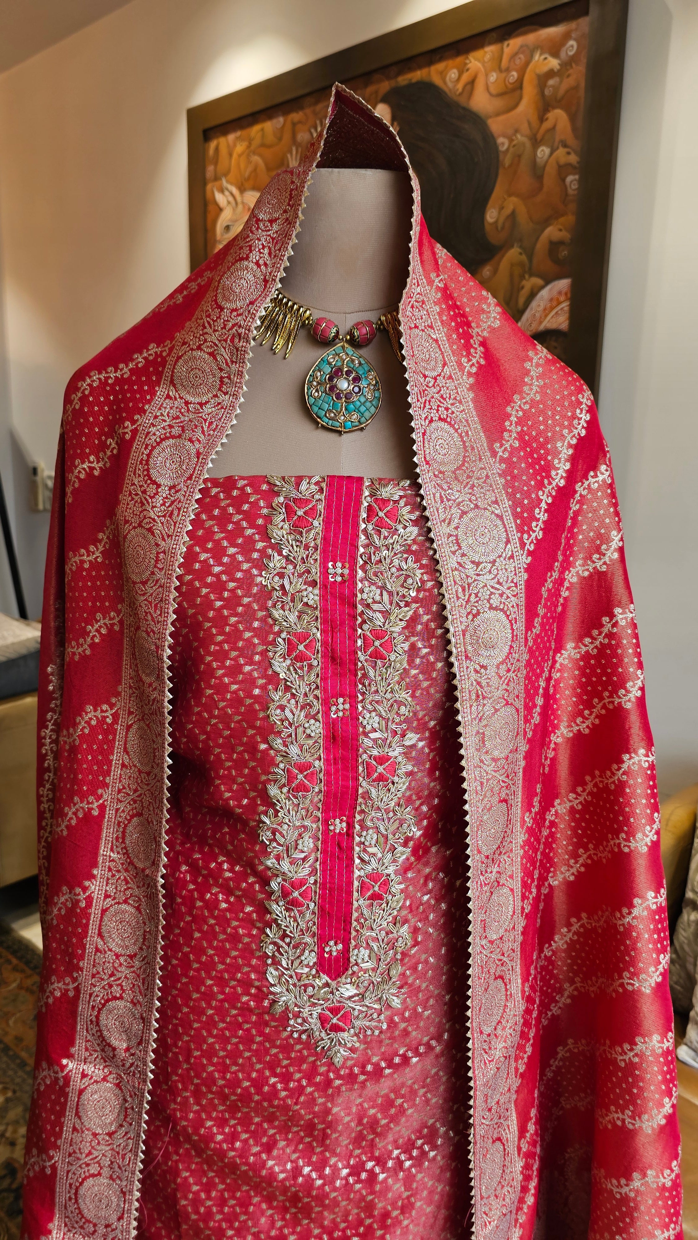 Beautiful Tissue Shimmer Unstitched Suit with Hand Work