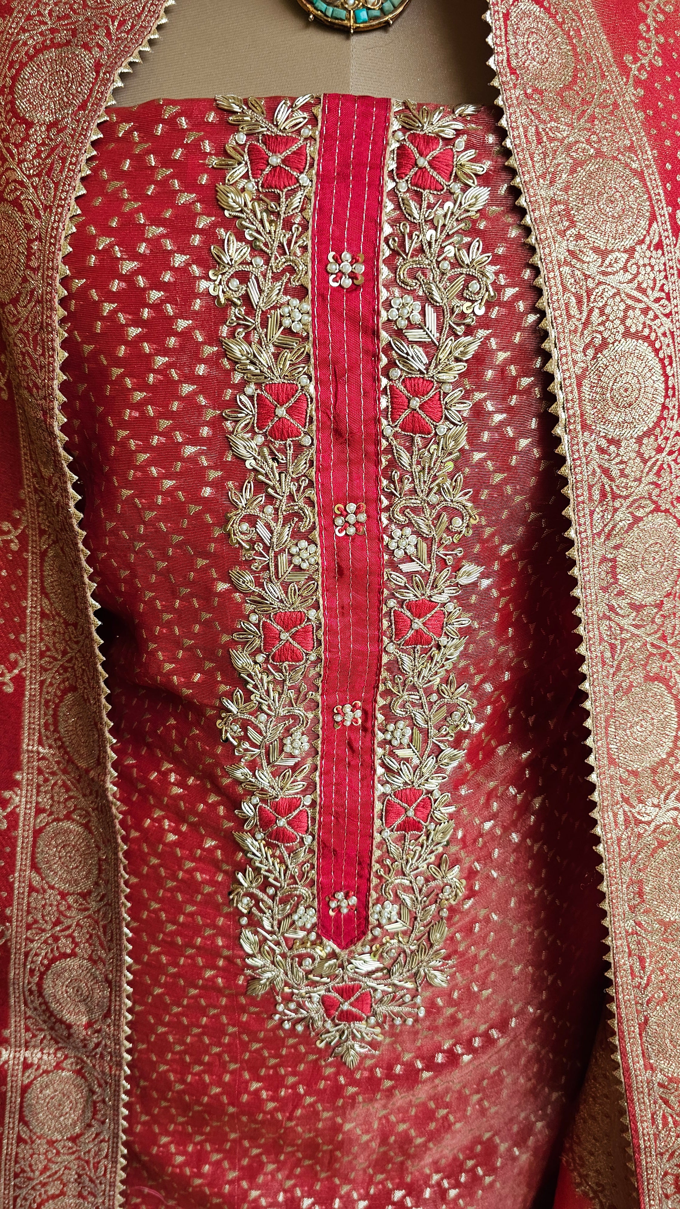 Beautiful Tissue Shimmer Unstitched Suit with Hand Work