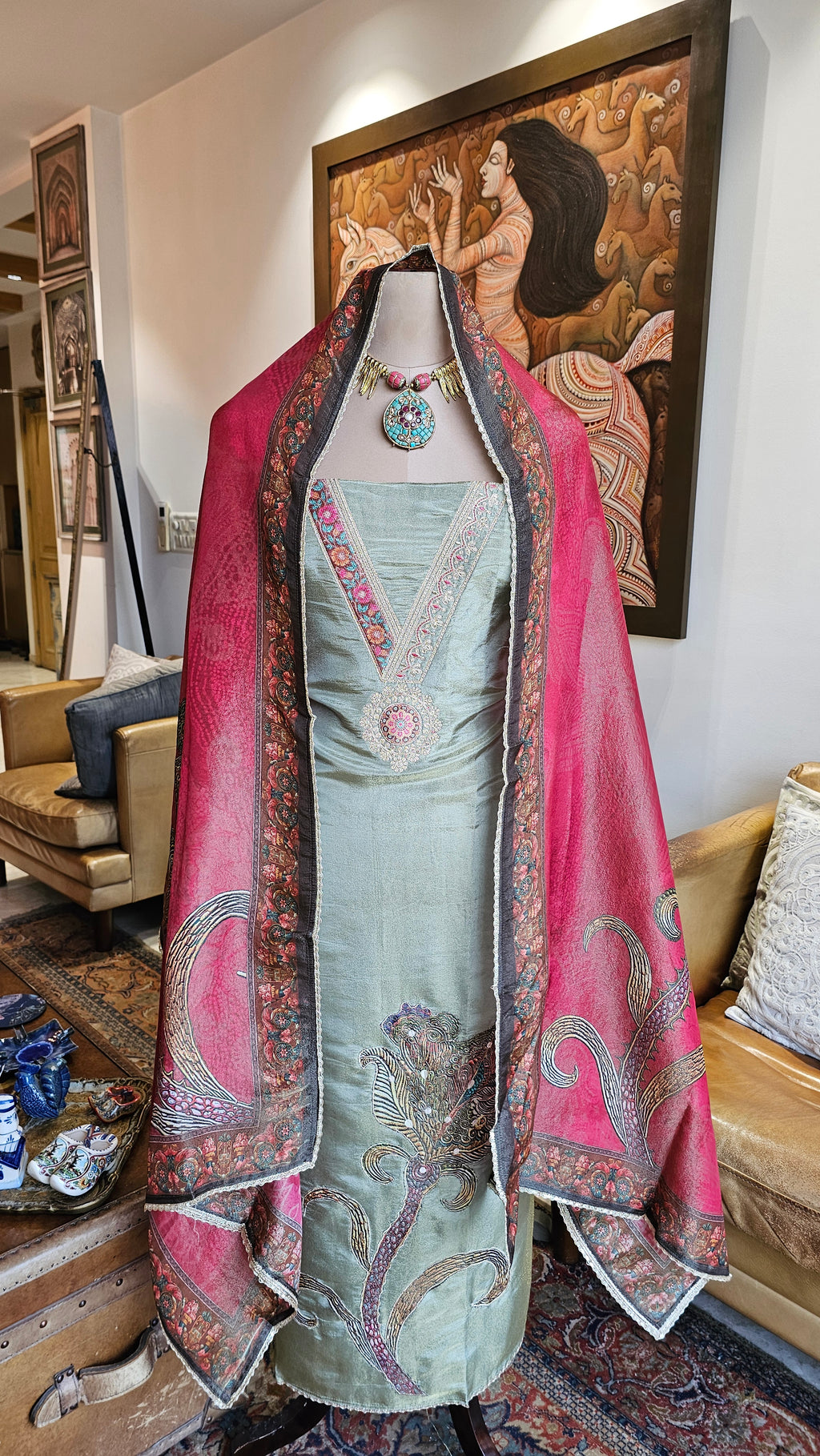 Beautiful Shimmer Unstitched Suit With Digital Printed Dupatta & Patch Work