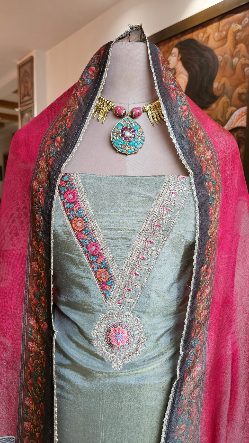 Beautiful Shimmer Unstitched Suit With Digital Printed Dupatta & Patch Work