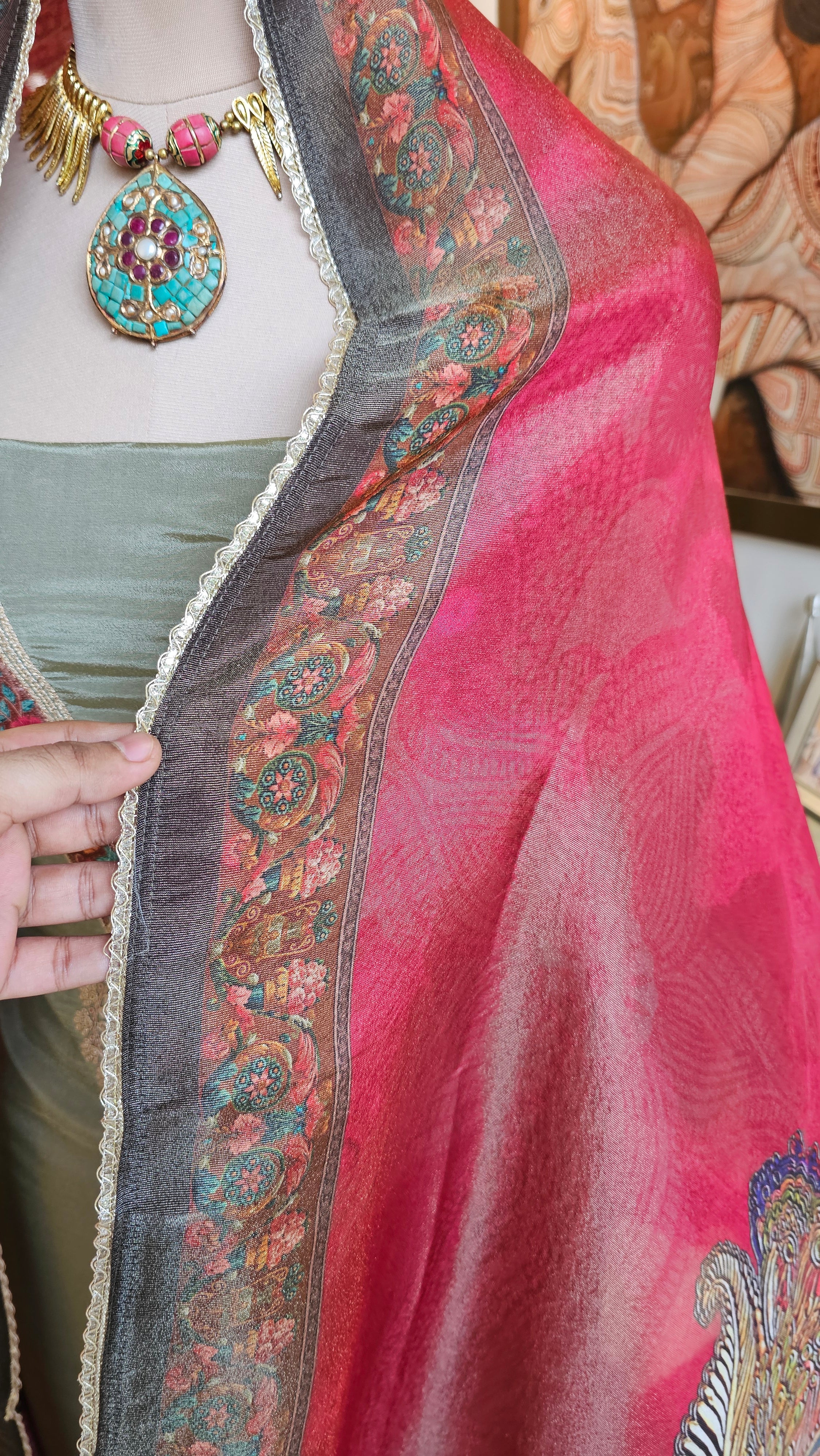 Beautiful Shimmer Unstitched Suit With Digital Printed Dupatta & Patch Work