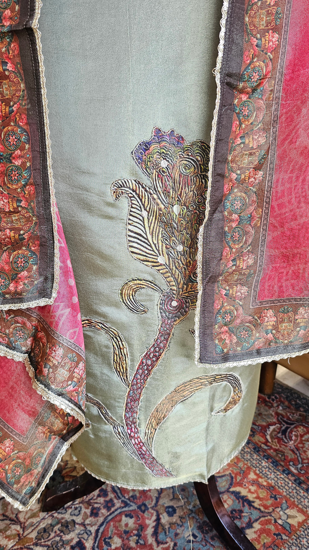 Beautiful Shimmer Unstitched Suit With Digital Printed Dupatta & Patch Work