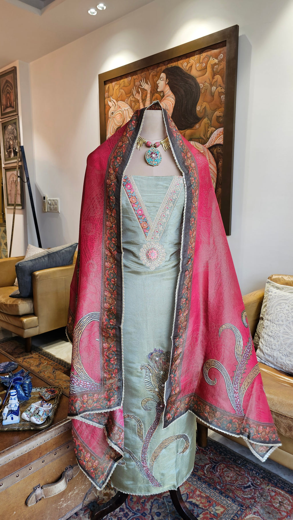 Beautiful Shimmer Unstitched Suit With Digital Printed Dupatta & Patch Work