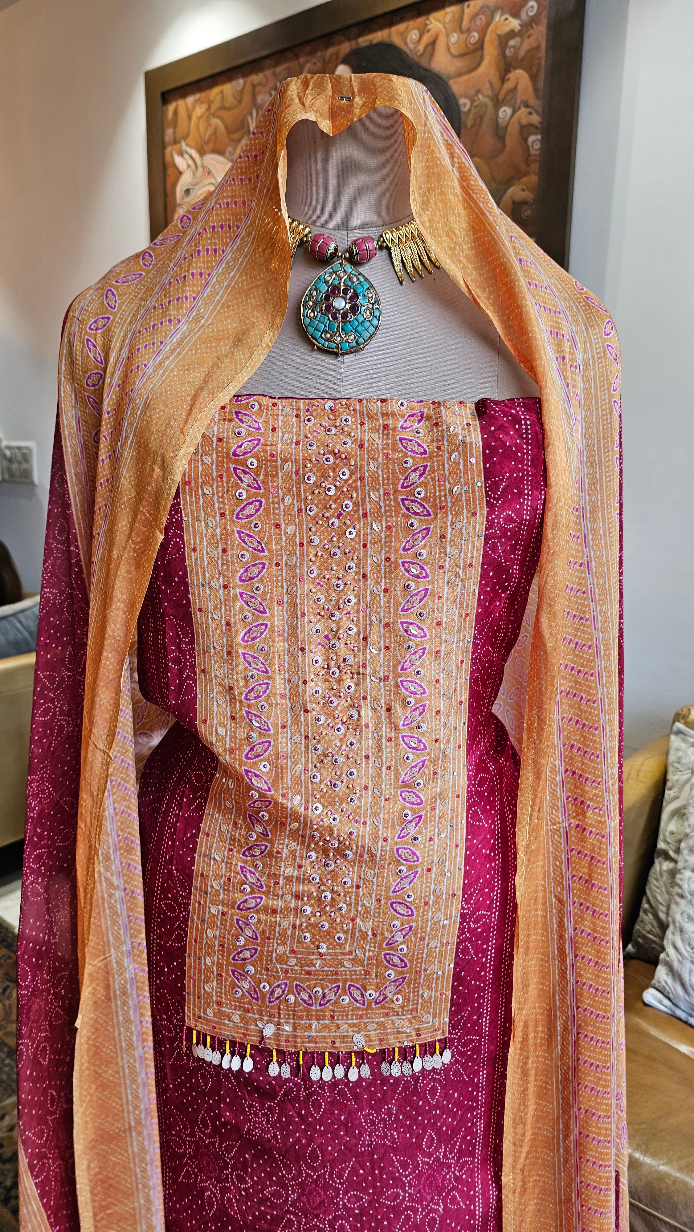Beautiful Printed Crepe Unstitched Suit With Hand Work