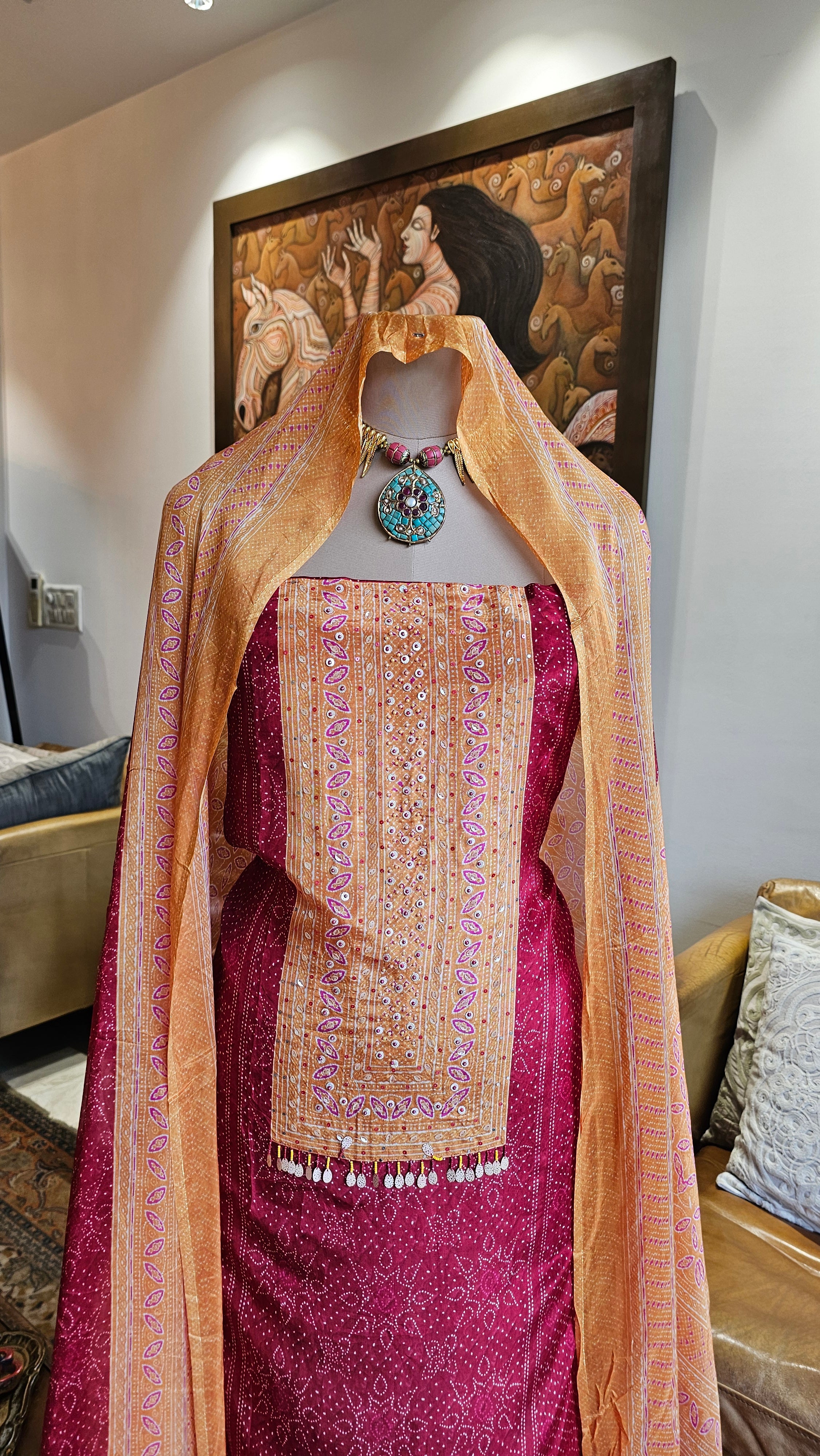 Beautiful Printed Crepe Unstitched Suit With Hand Work