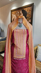 Beautiful Printed Crepe Unstitched Suit With Hand Work