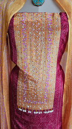 Beautiful Printed Crepe Unstitched Suit With Hand Work
