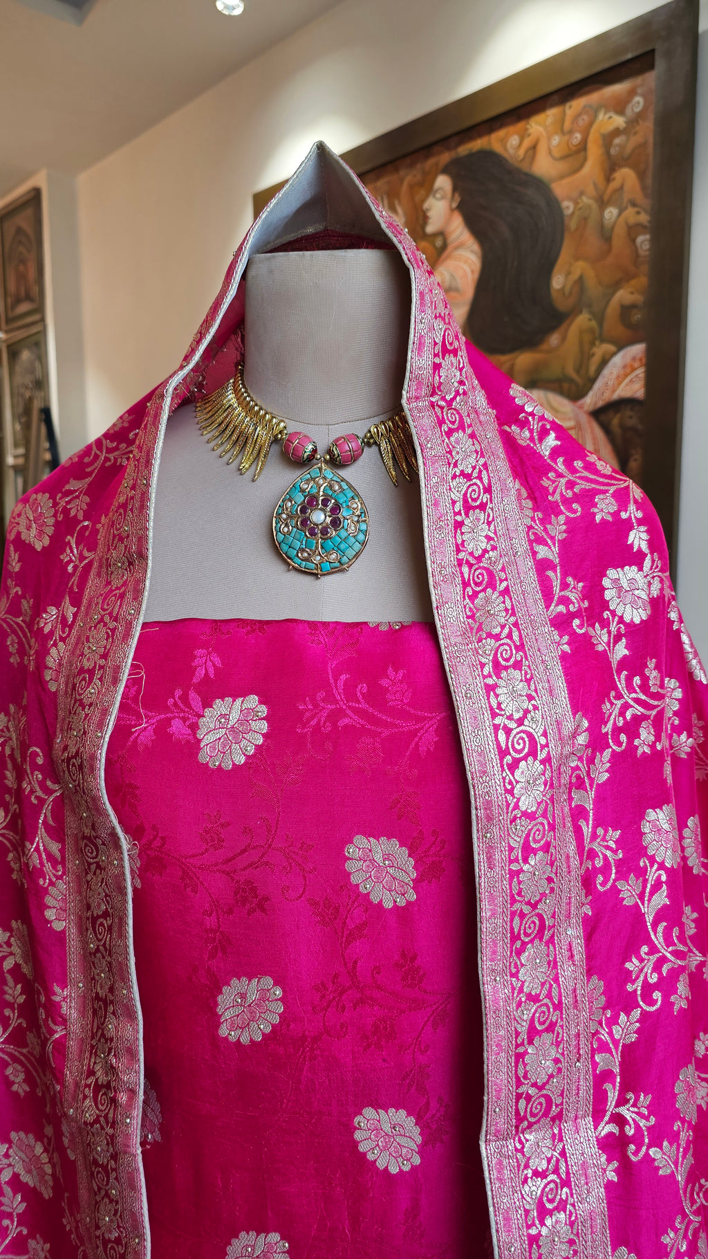 Beautiful Jacquard Silk Unstitched Suit With Banarasi Weaving &  Hand Work