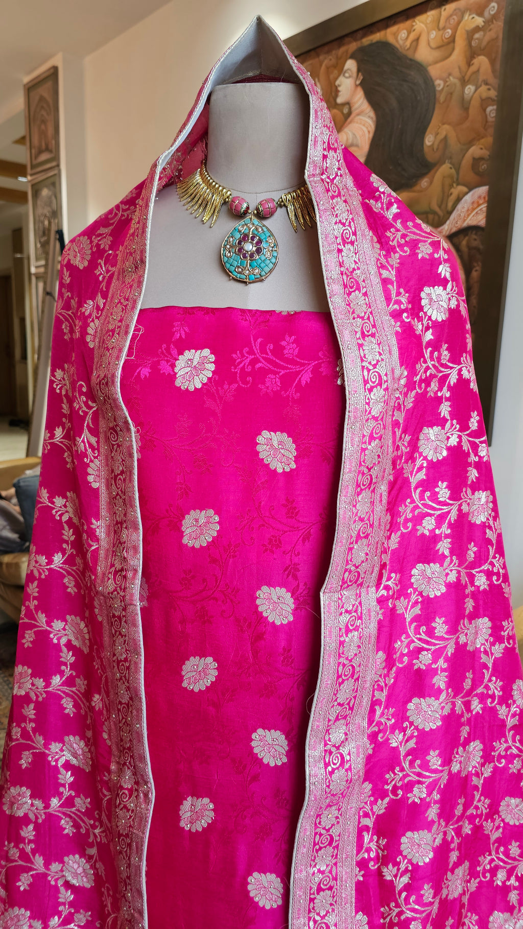 Beautiful Jacquard Silk Unstitched Suit With Banarasi Weaving &  Hand Work
