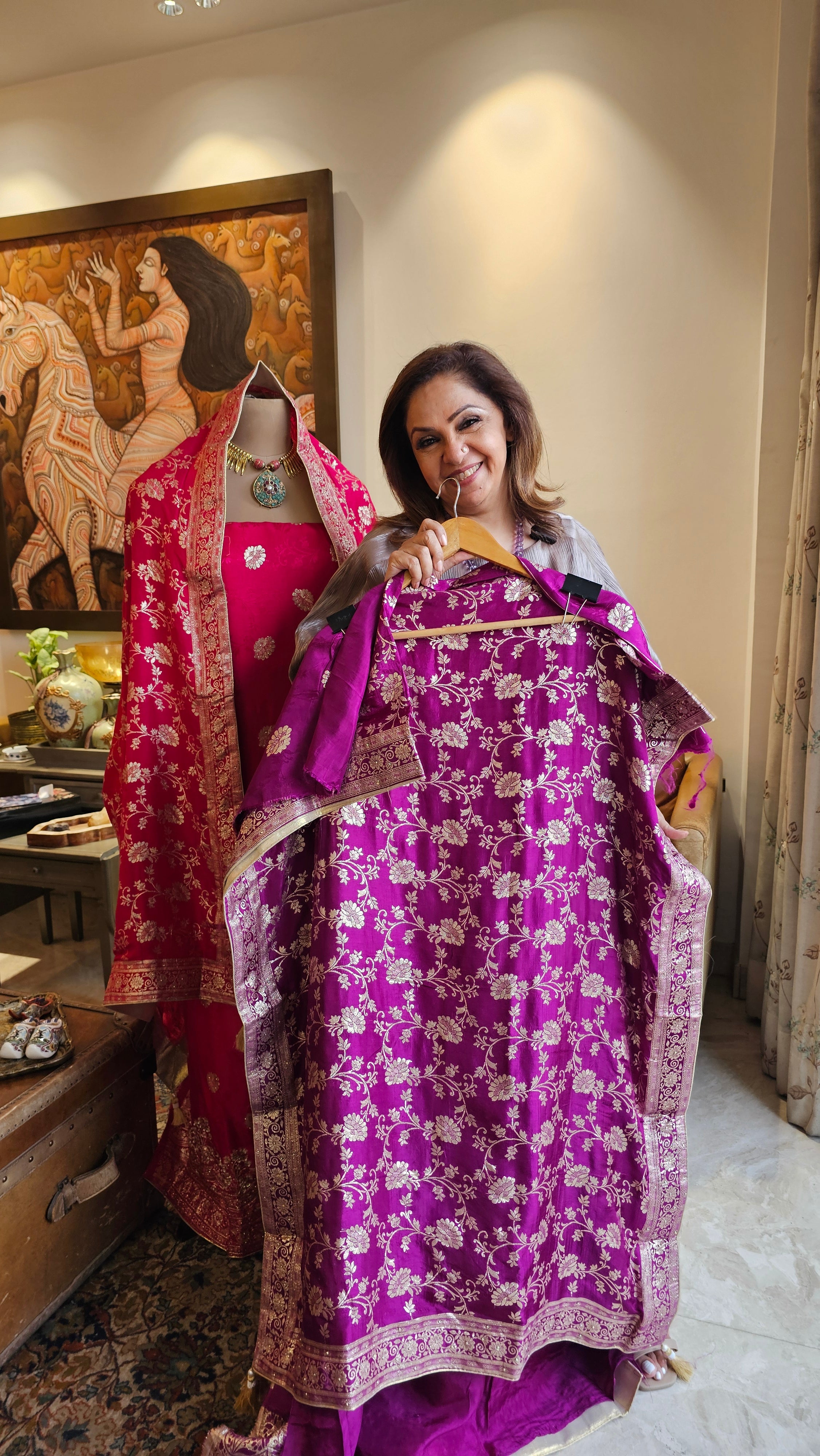 Beautiful Jacquard Silk Unstitched Suit With Banarasi Weaving &  Hand Work