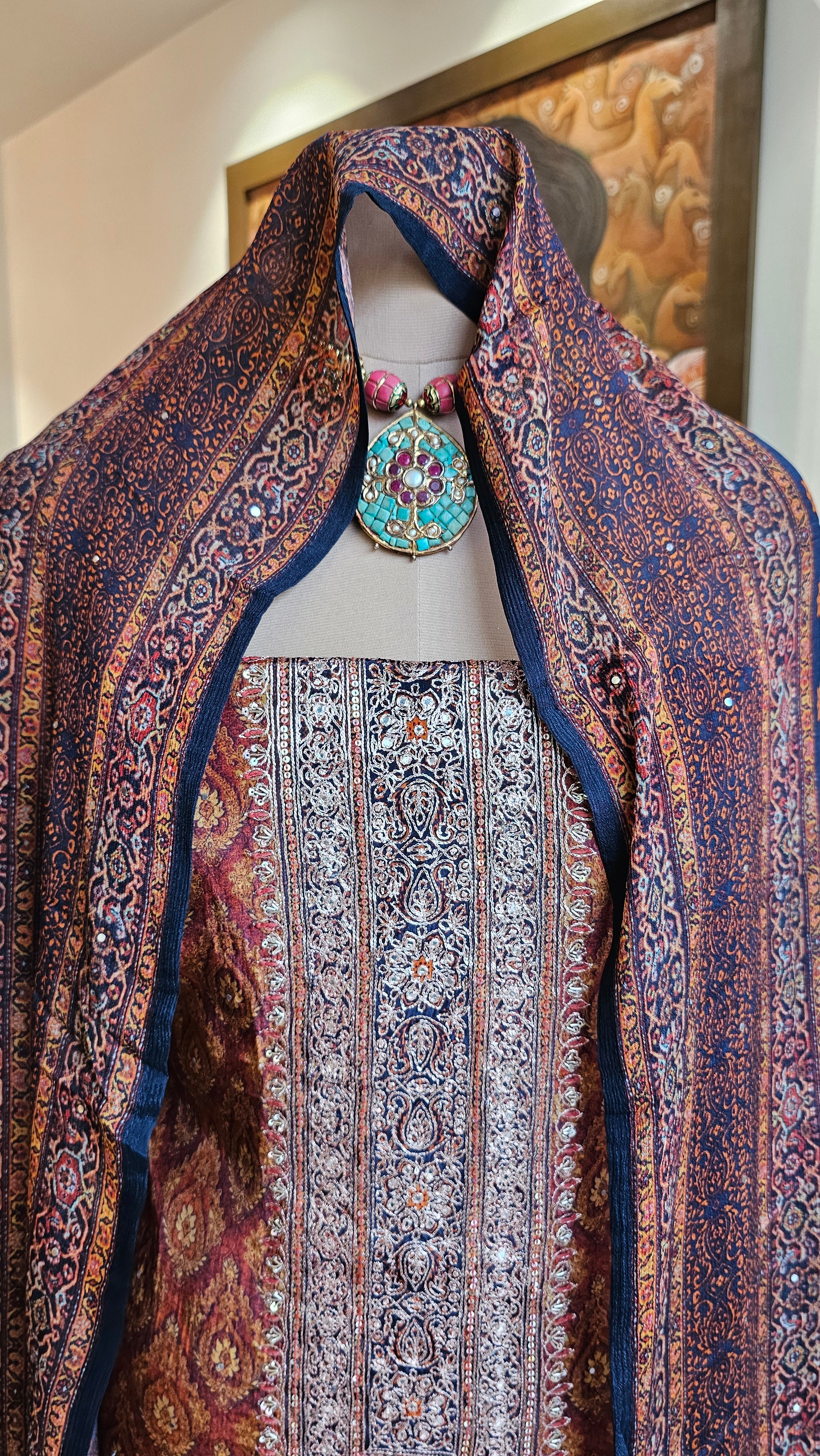 Beautiful Digital Printed Crepe Unstitched Suit With Hand Work