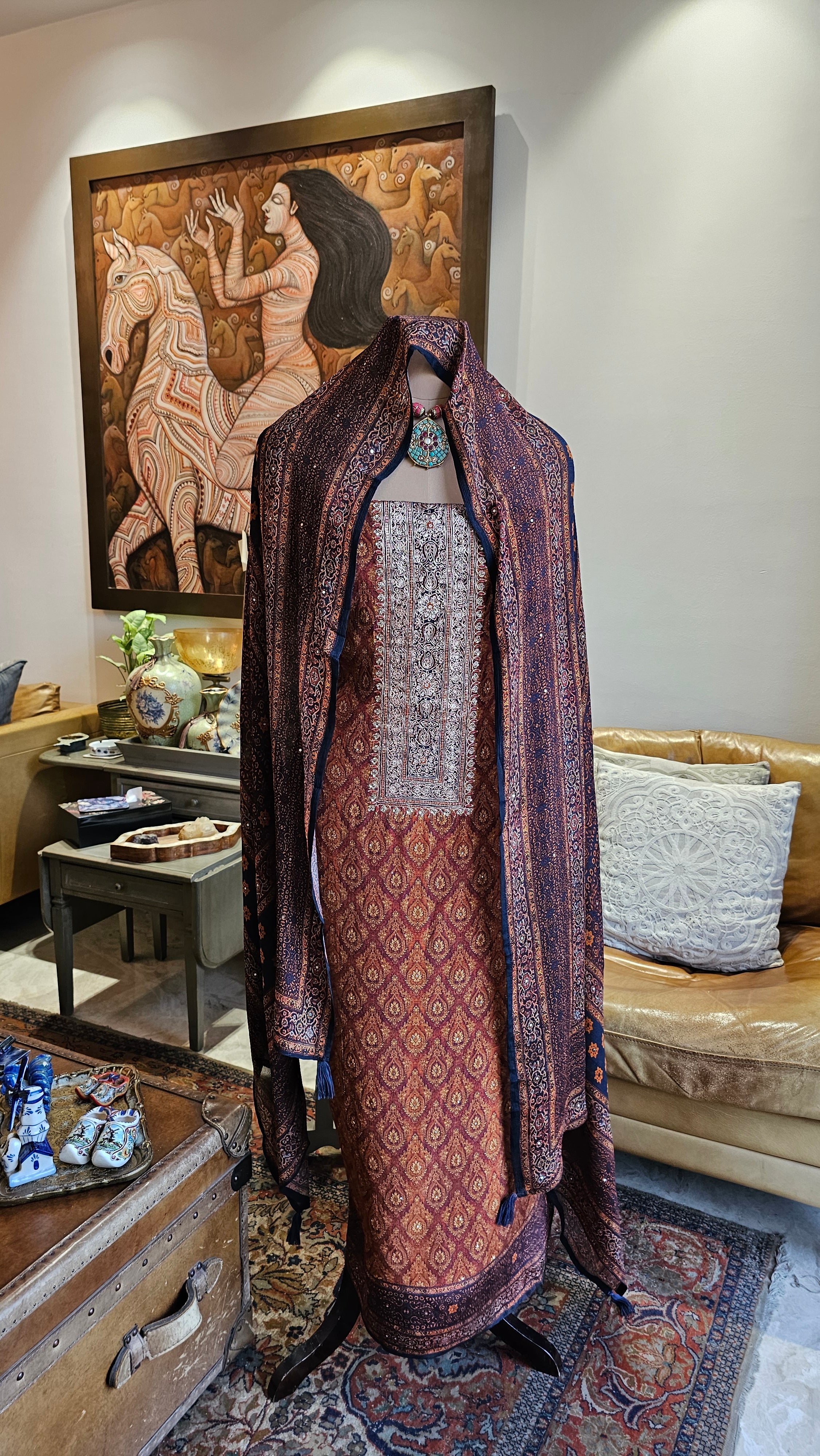 Beautiful Digital Printed Crepe Unstitched Suit With Hand Work