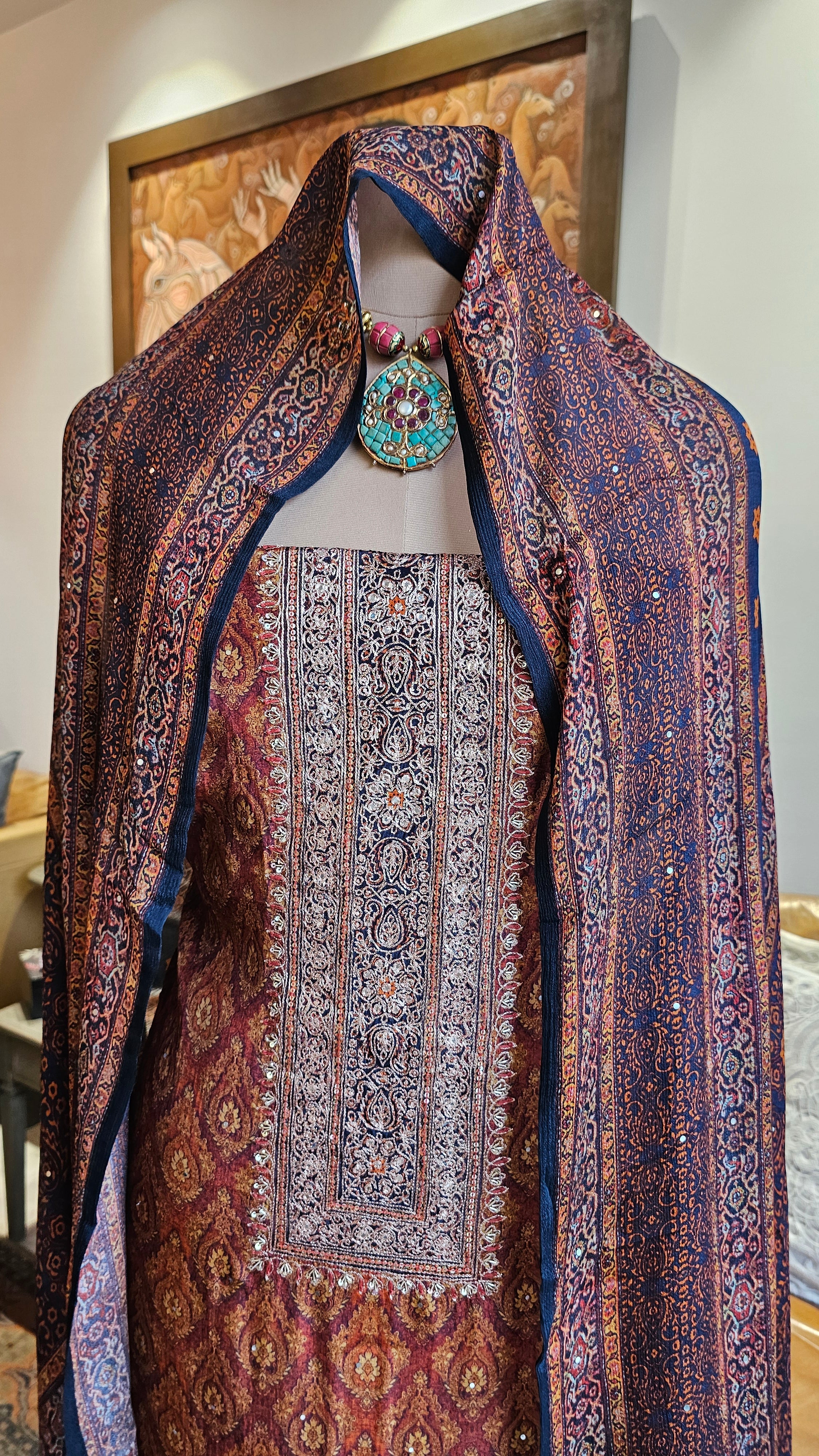 Beautiful Digital Printed Crepe Unstitched Suit With Hand Work