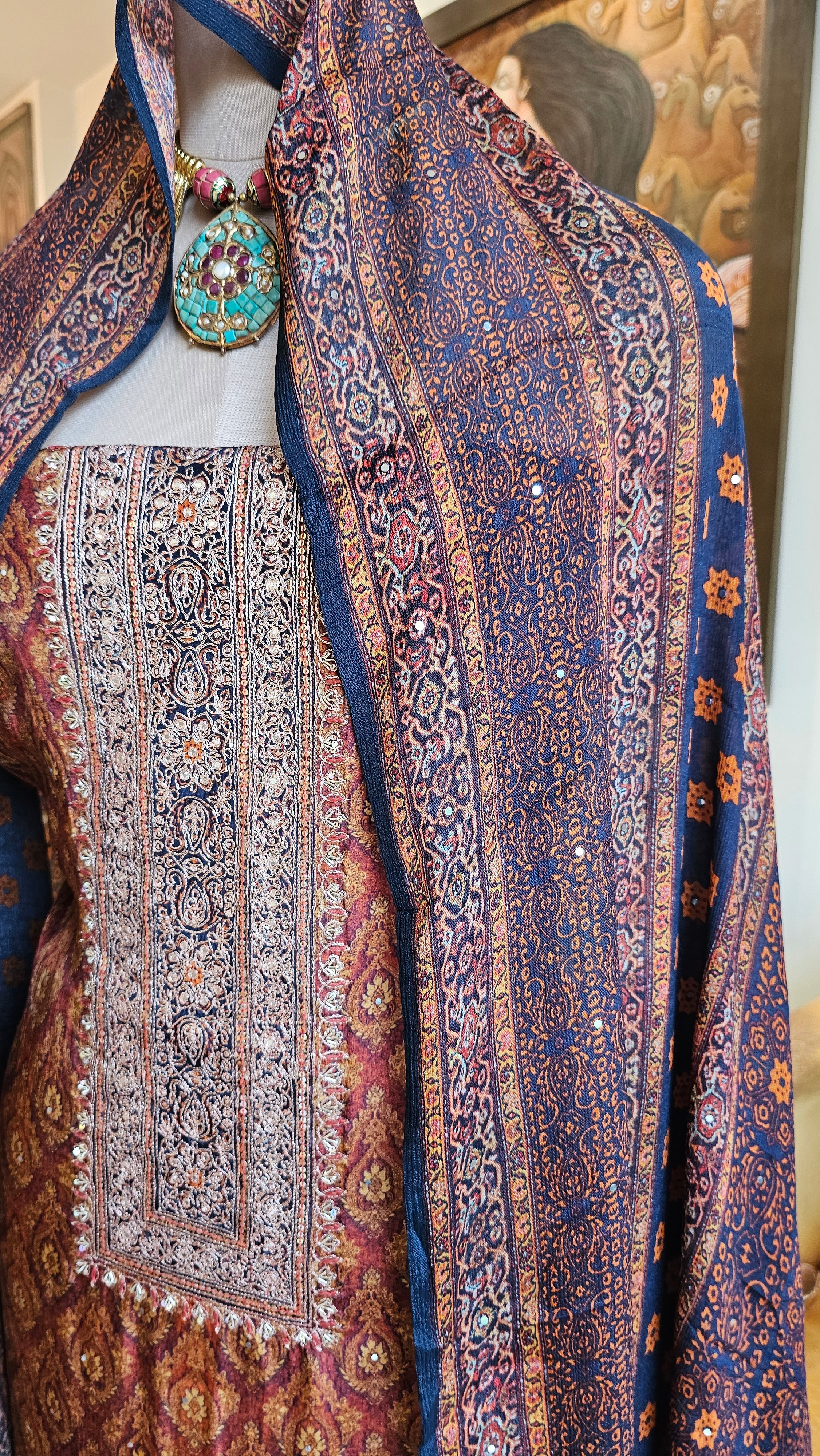 Beautiful Digital Printed Crepe Unstitched Suit With Hand Work