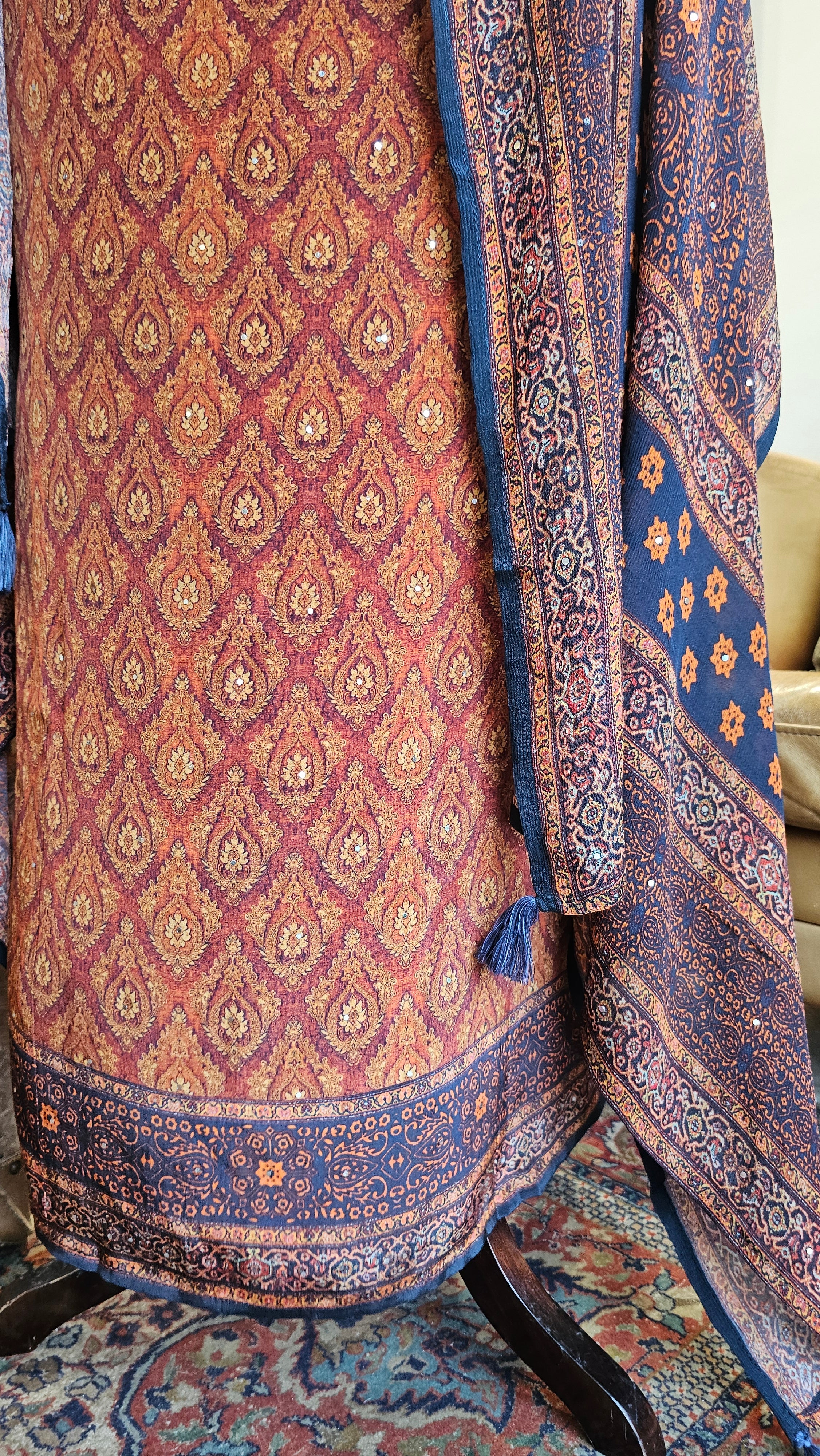 Beautiful Digital Printed Crepe Unstitched Suit With Hand Work