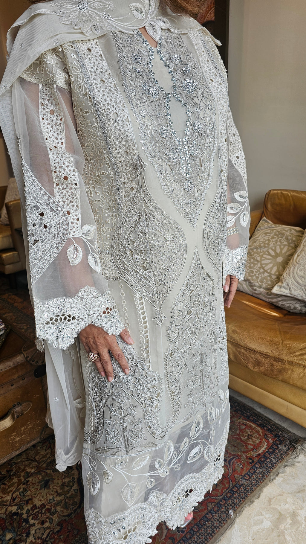 Original Pakistani Embroidered Lawn Cut Work Suit with Chinon Dupatta with Work
