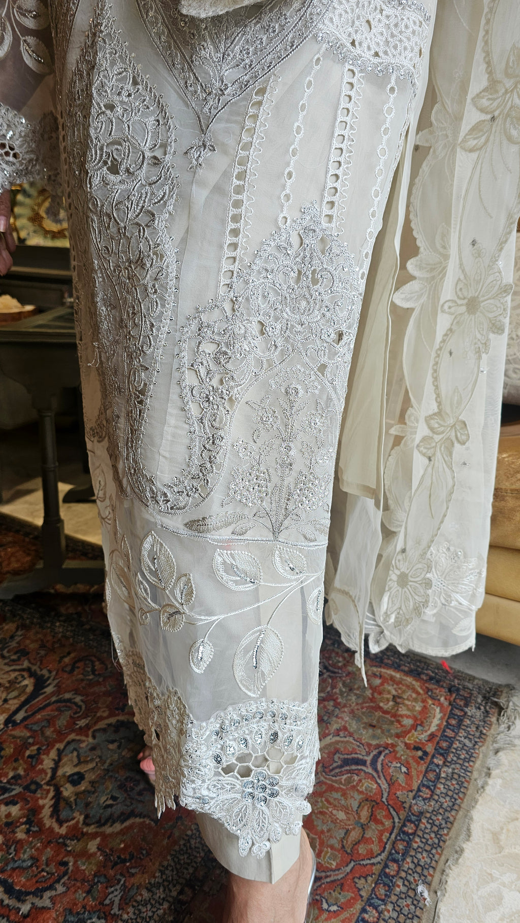 Original Pakistani Embroidered Lawn Cut Work Suit with Chinon Dupatta with Work