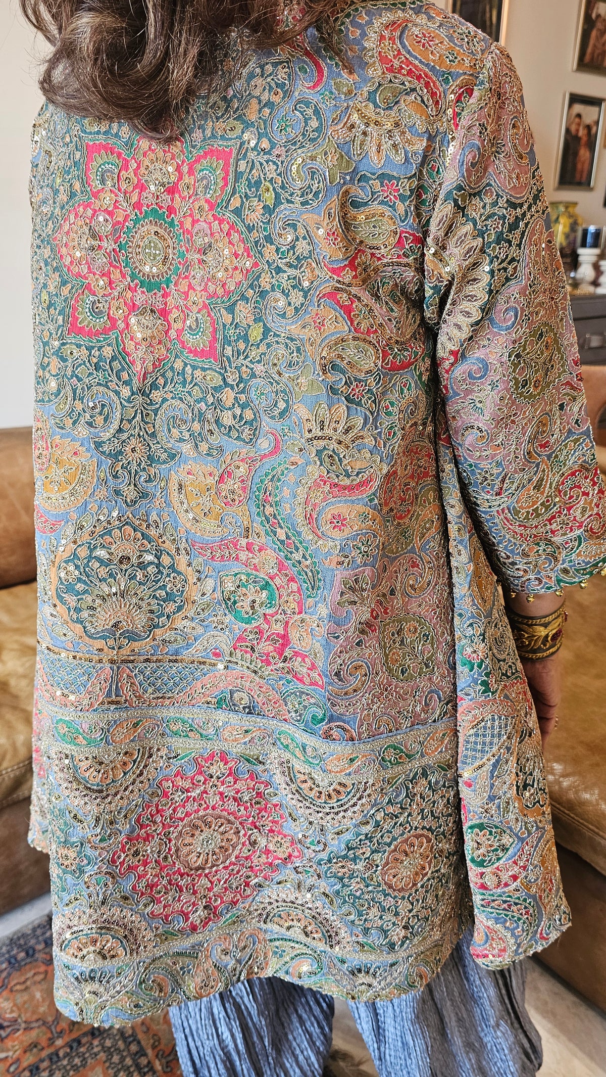 Georgette Fully Embroidered Kurta with Crushed Silk Ballon pants & Organza Dupatta