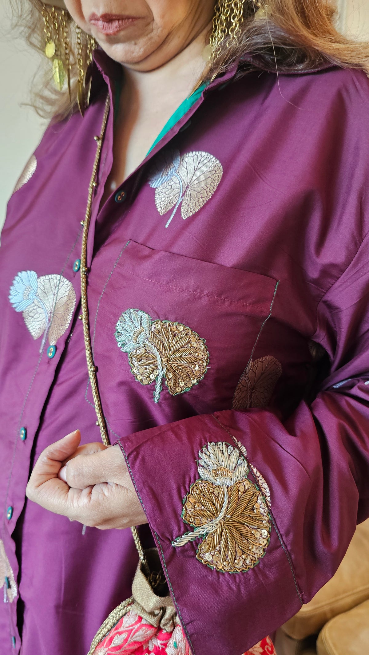 Banarasi Booti Silk Dress with Embroidered Pocket & Cuffs Highlighted with Contrast Emerald Lining All Over